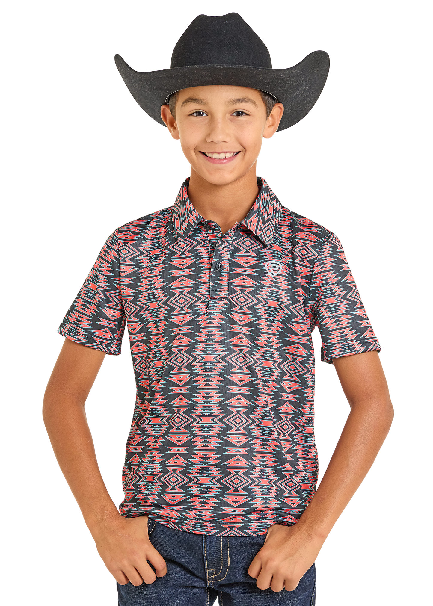 Child wearing a patterned shirt and cowboy hat on a white background