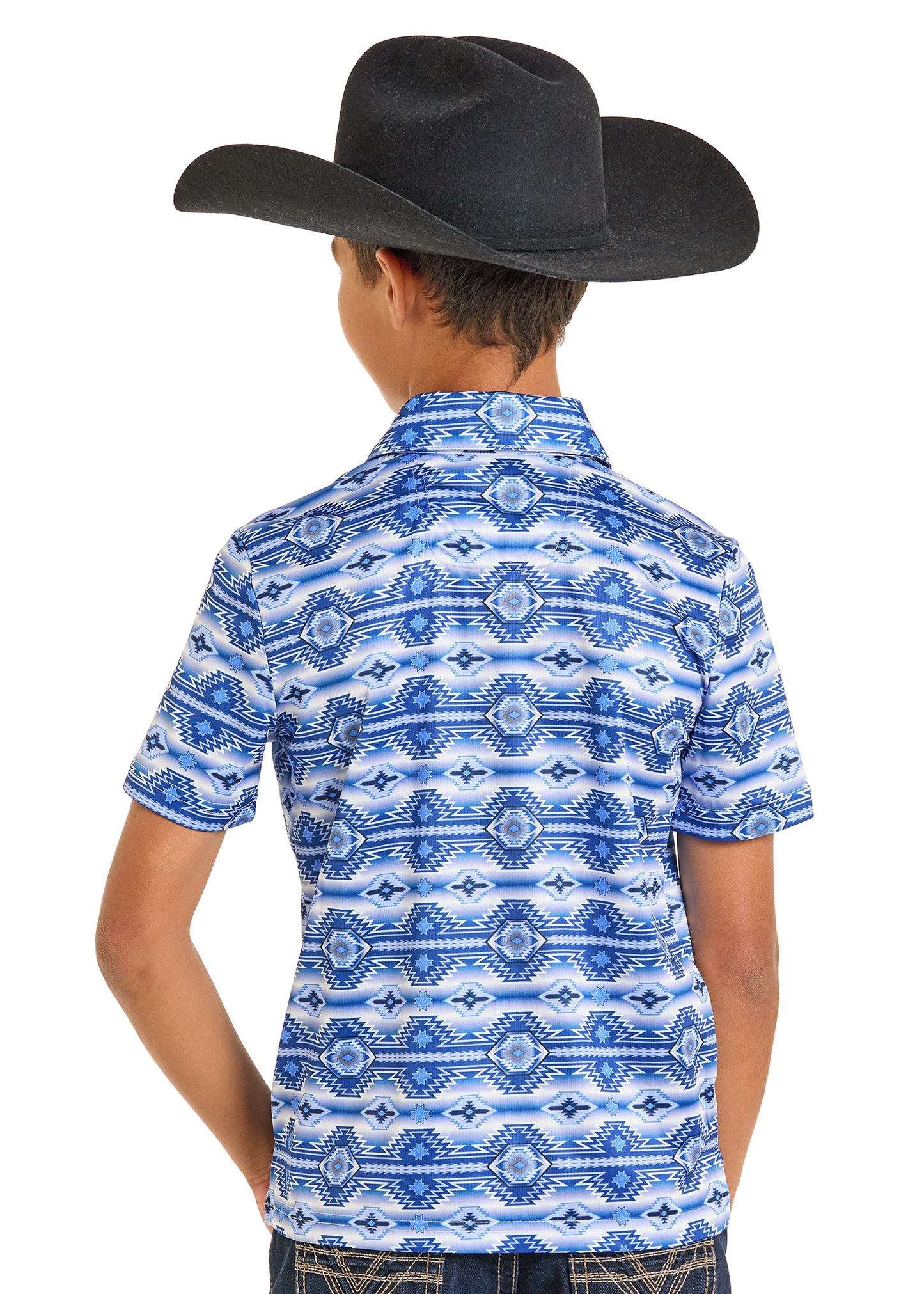 Child wearing a blue patterned shirt and black cowboy hat on a white background