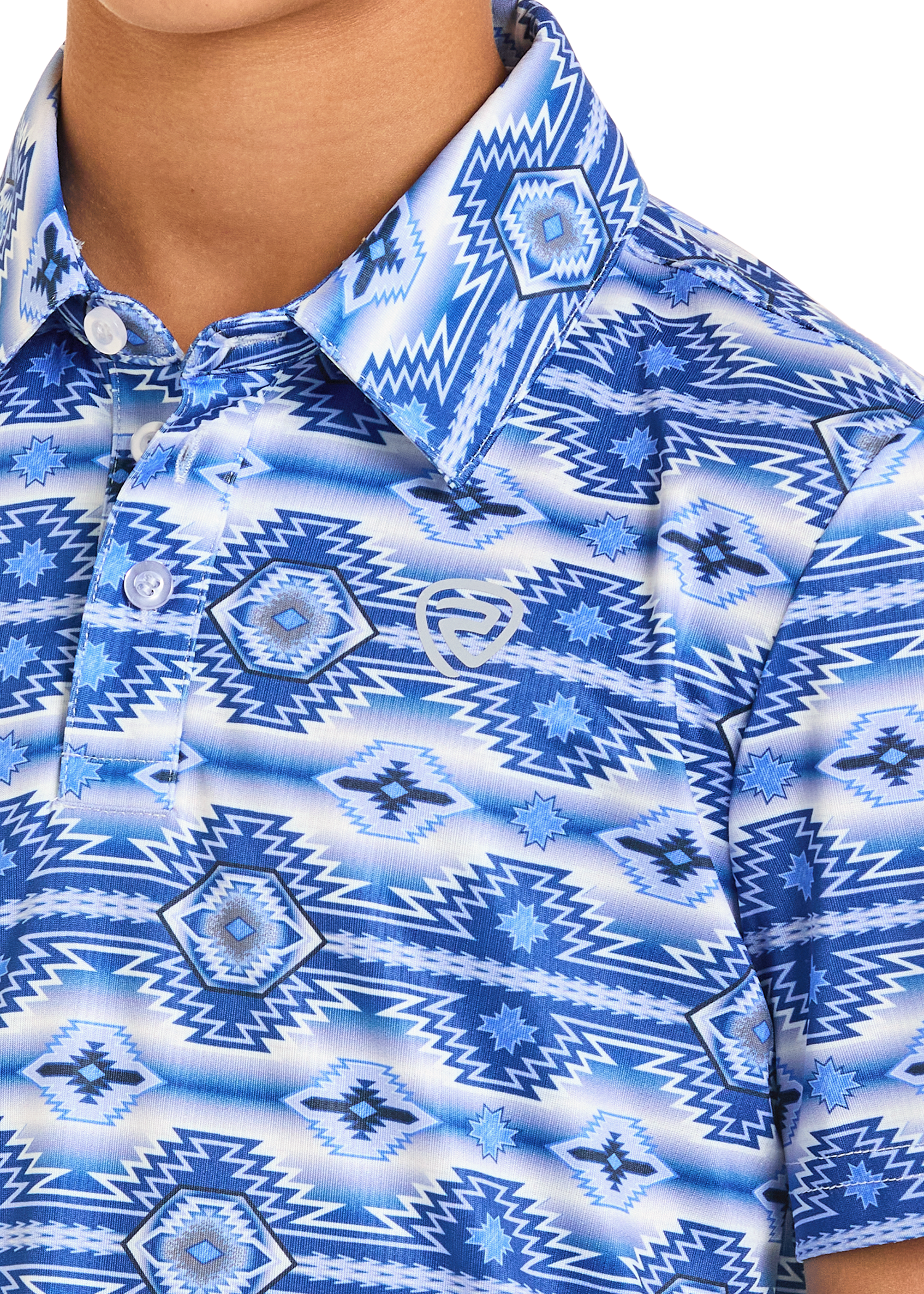 Close-up of a blue and white patterned shirt with a collar.