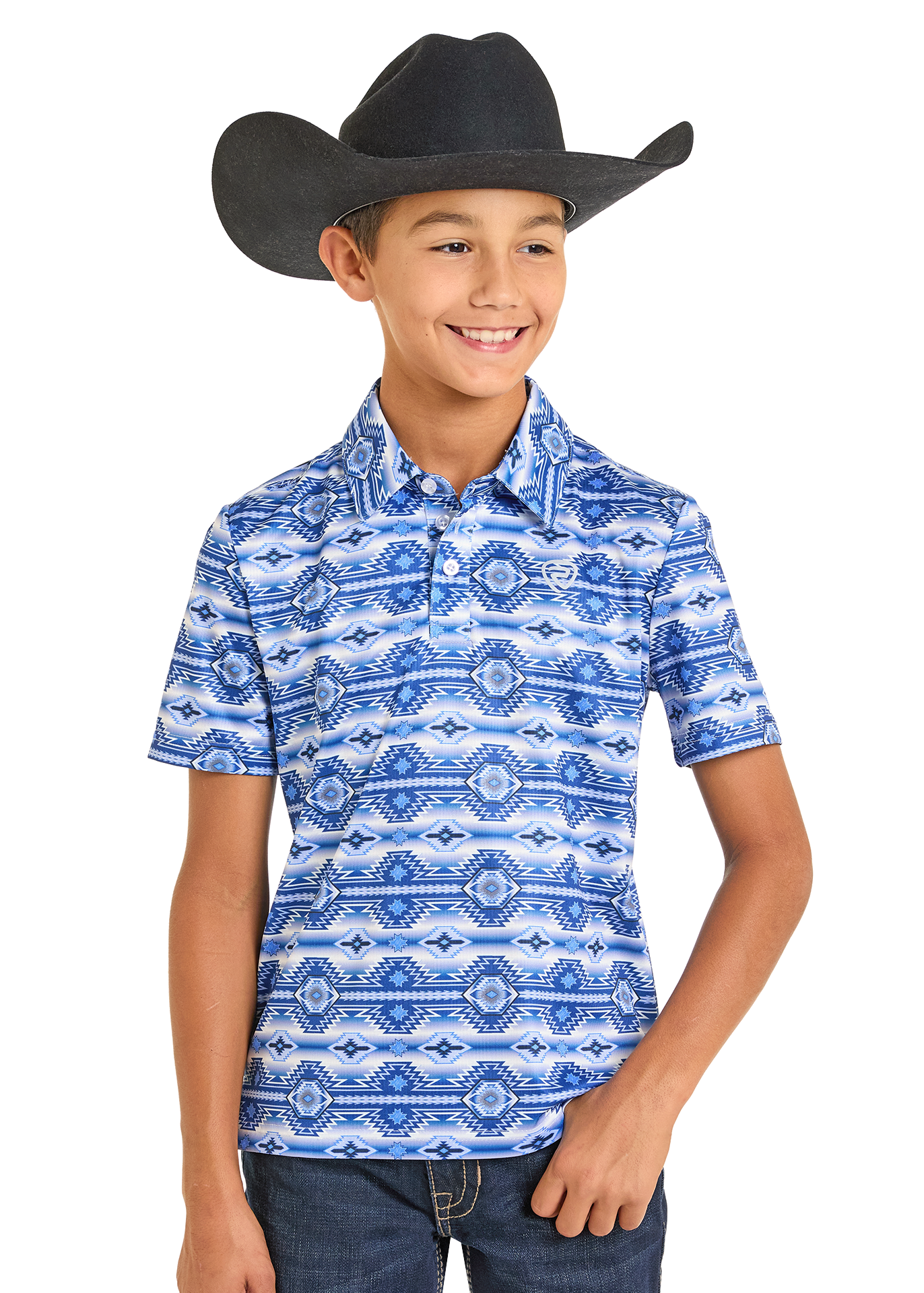 Child wearing a blue patterned shirt and black cowboy hat on a white background