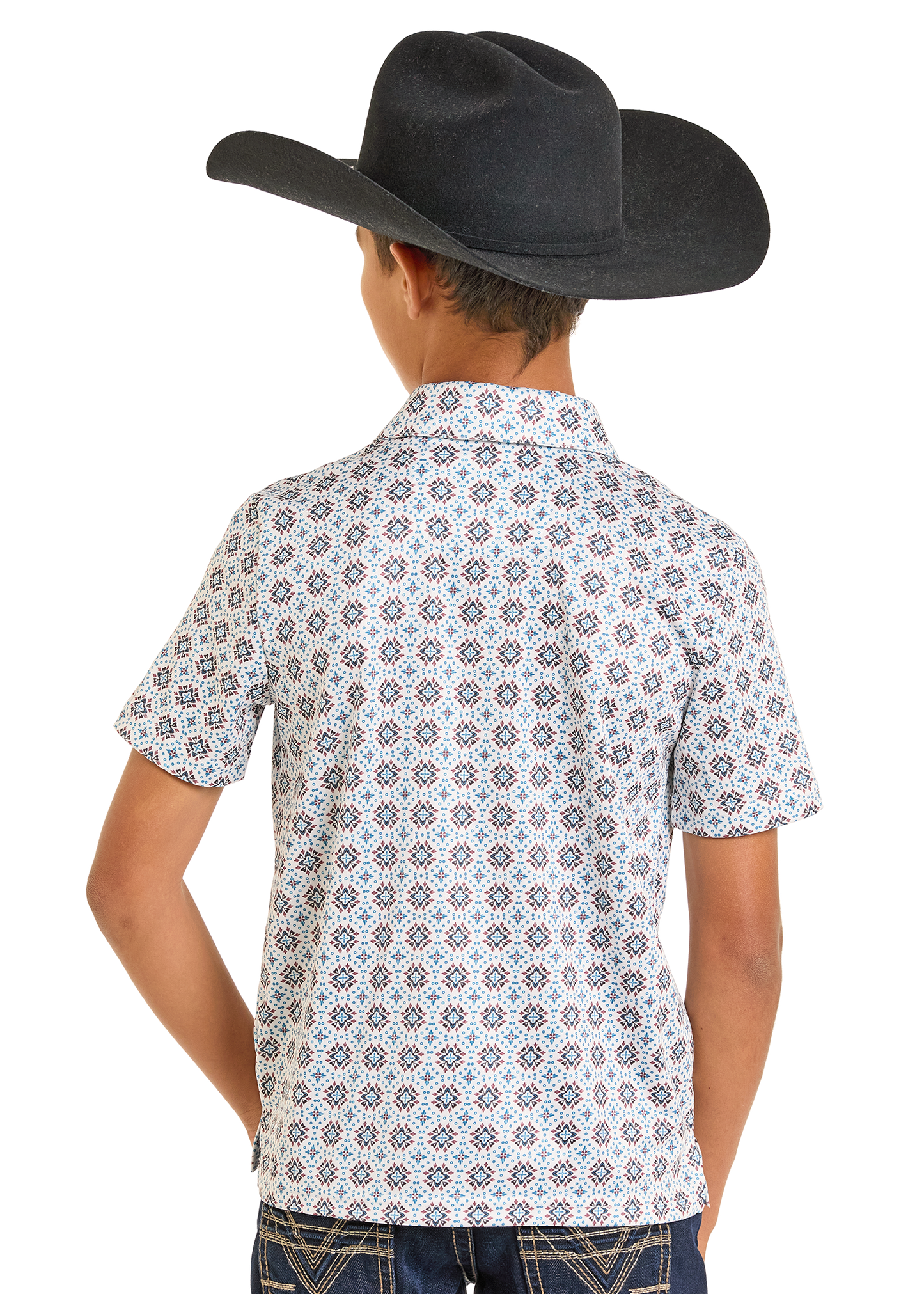 Child wearing a patterned shirt and cowboy hat on a white background
