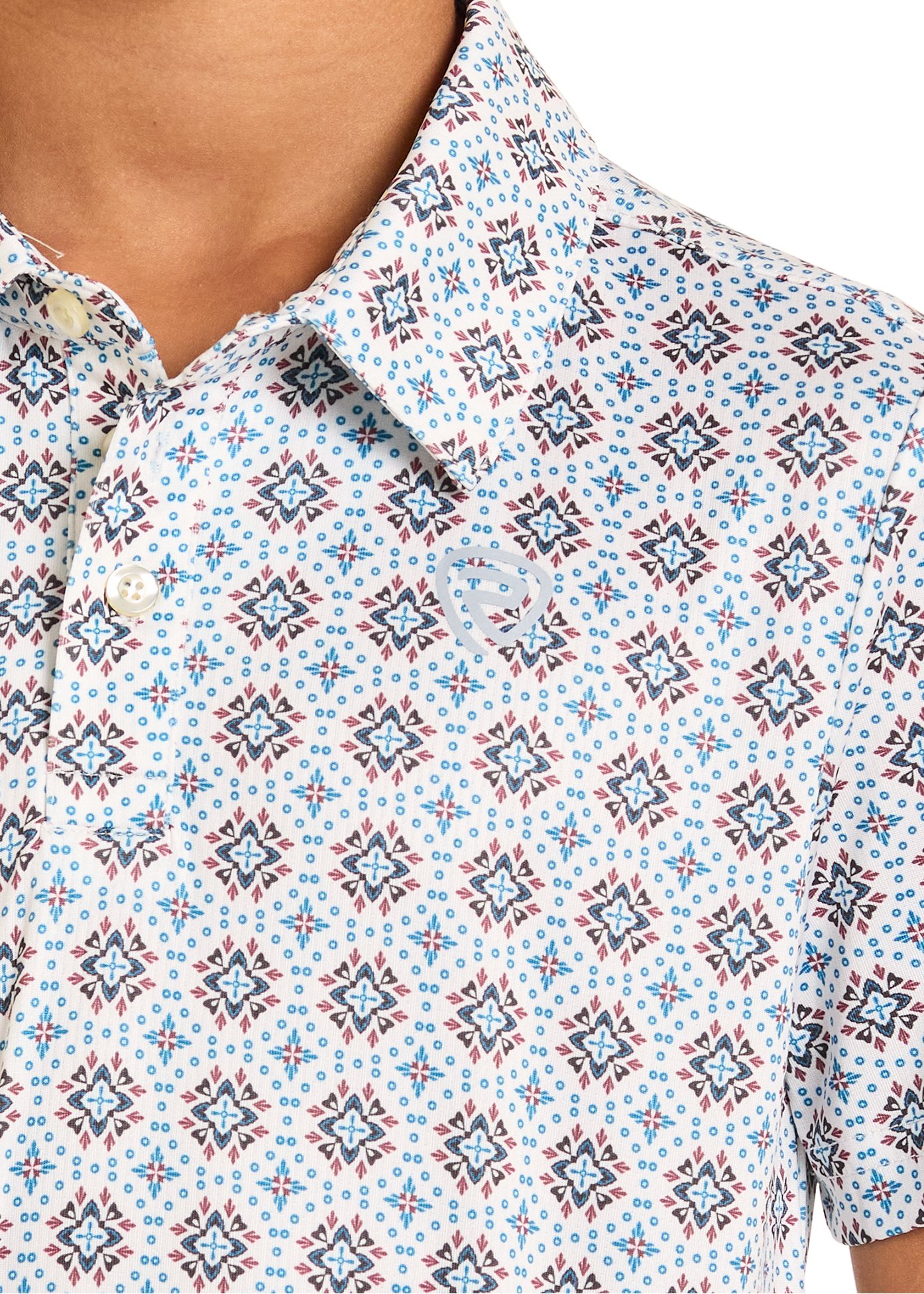 Close-up of a patterned shirt with geometric design