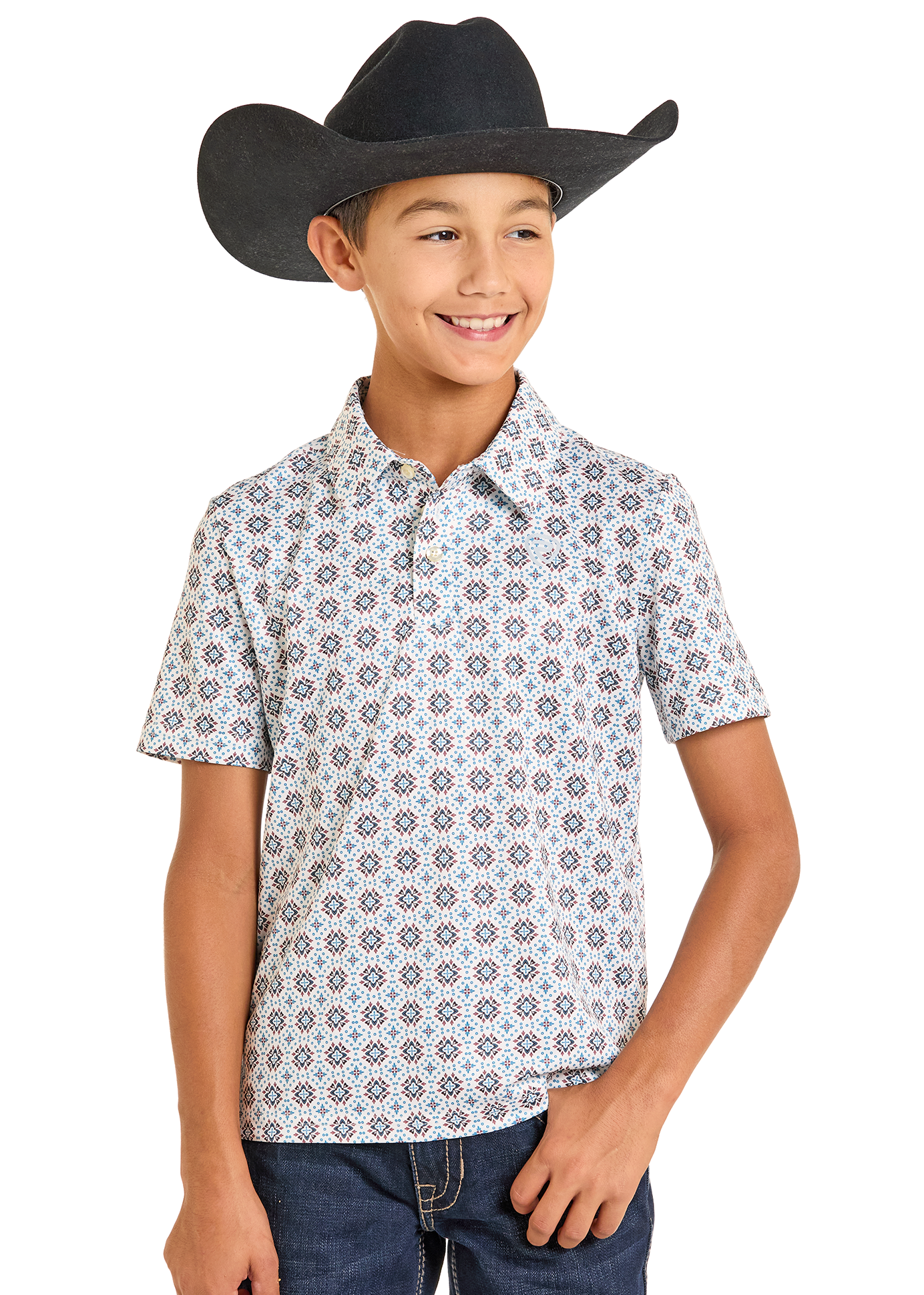 Child wearing a patterned shirt and cowboy hat on a white background