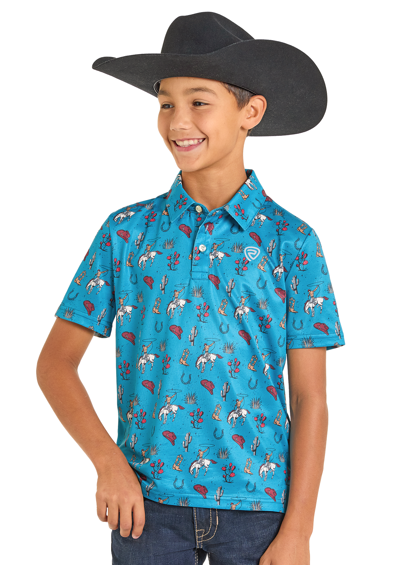 Child wearing a blue cowboy-themed shirt with a white background