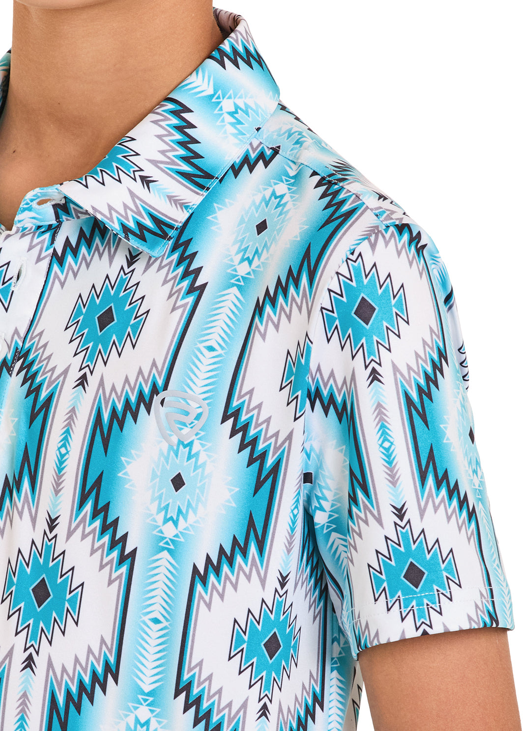 Close-up of a shirt with a blue and white geometric pattern