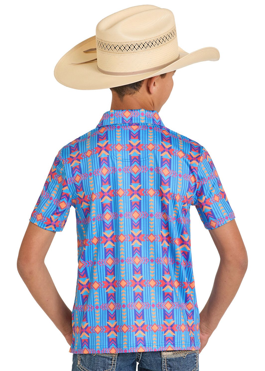 Child wearing a colorful patterned shirt and straw hat on a white background