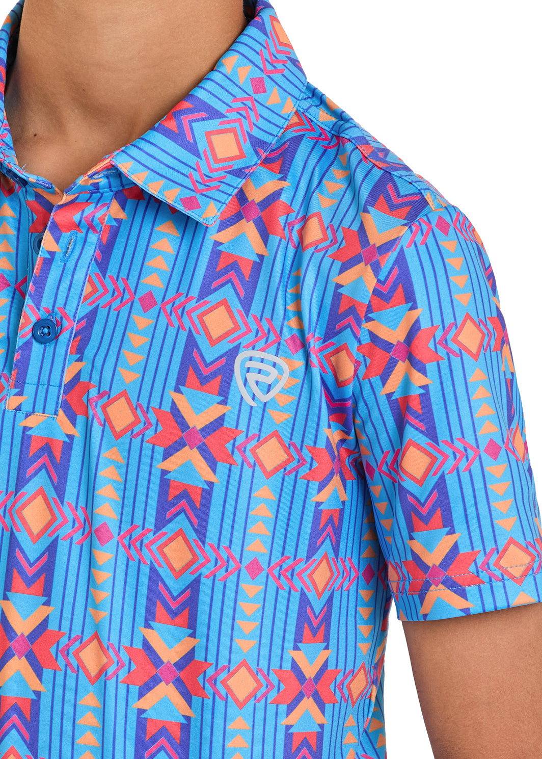 Close-up of a colorful geometric patterned shirt with a brand logo on a white background