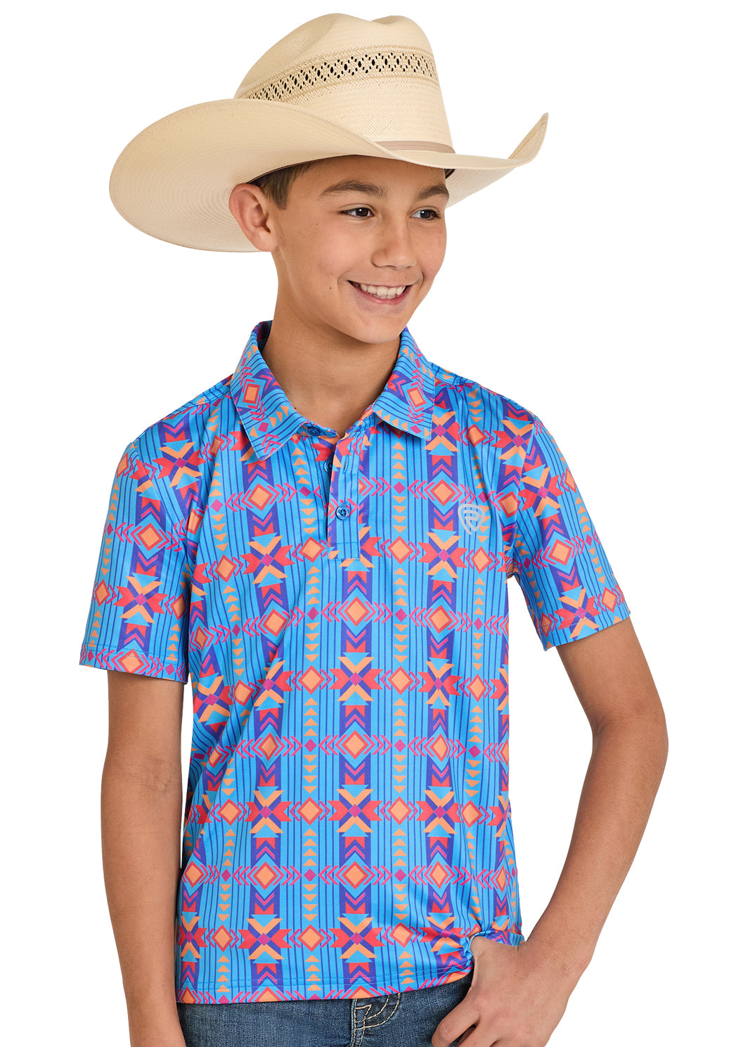 Child wearing a colorful patterned shirt and cowboy hat on a white background