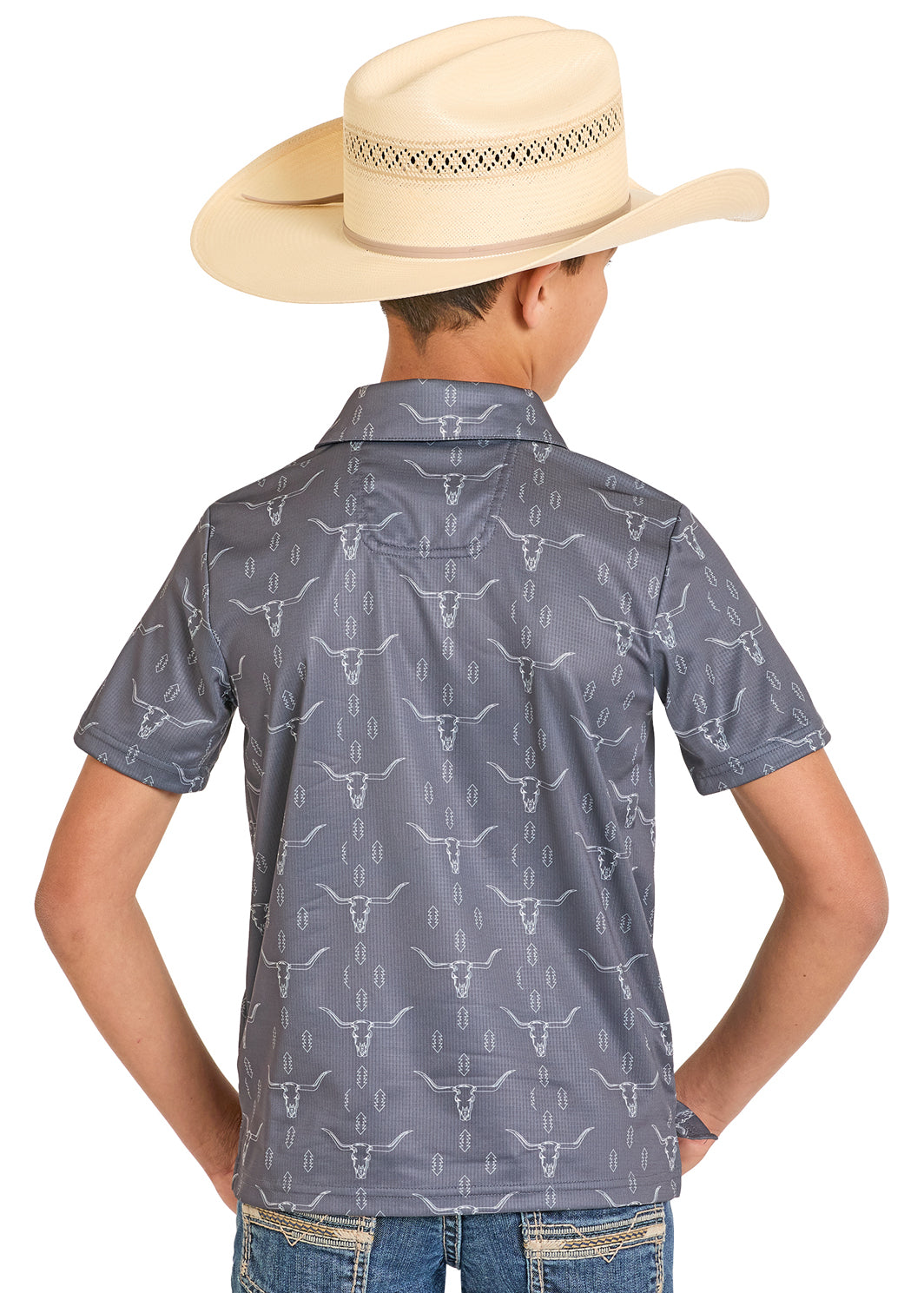 Child wearing a blue patterned shirt and beige cowboy hat on a white background