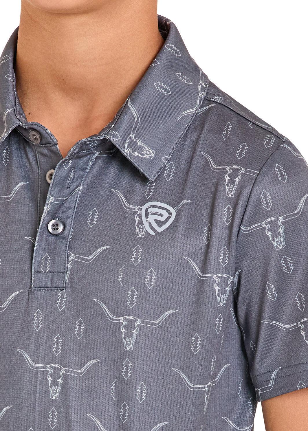 Close-up of a person wearing a patterned shirt with longhorn design.