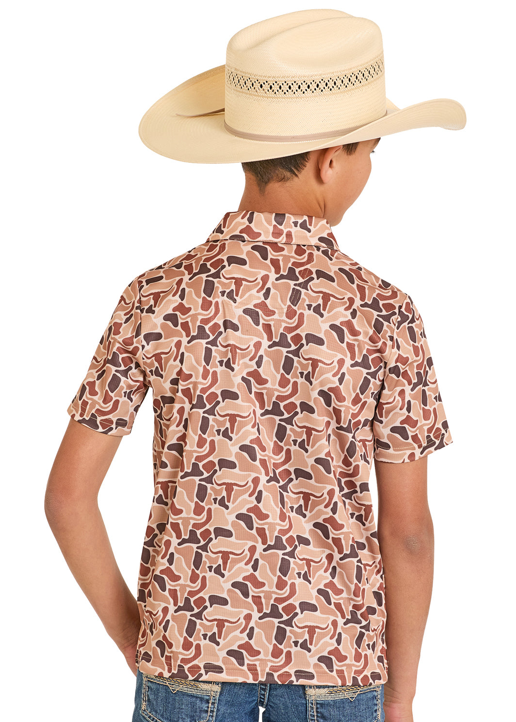 Person wearing a patterned shirt and cowboy hat on a white background