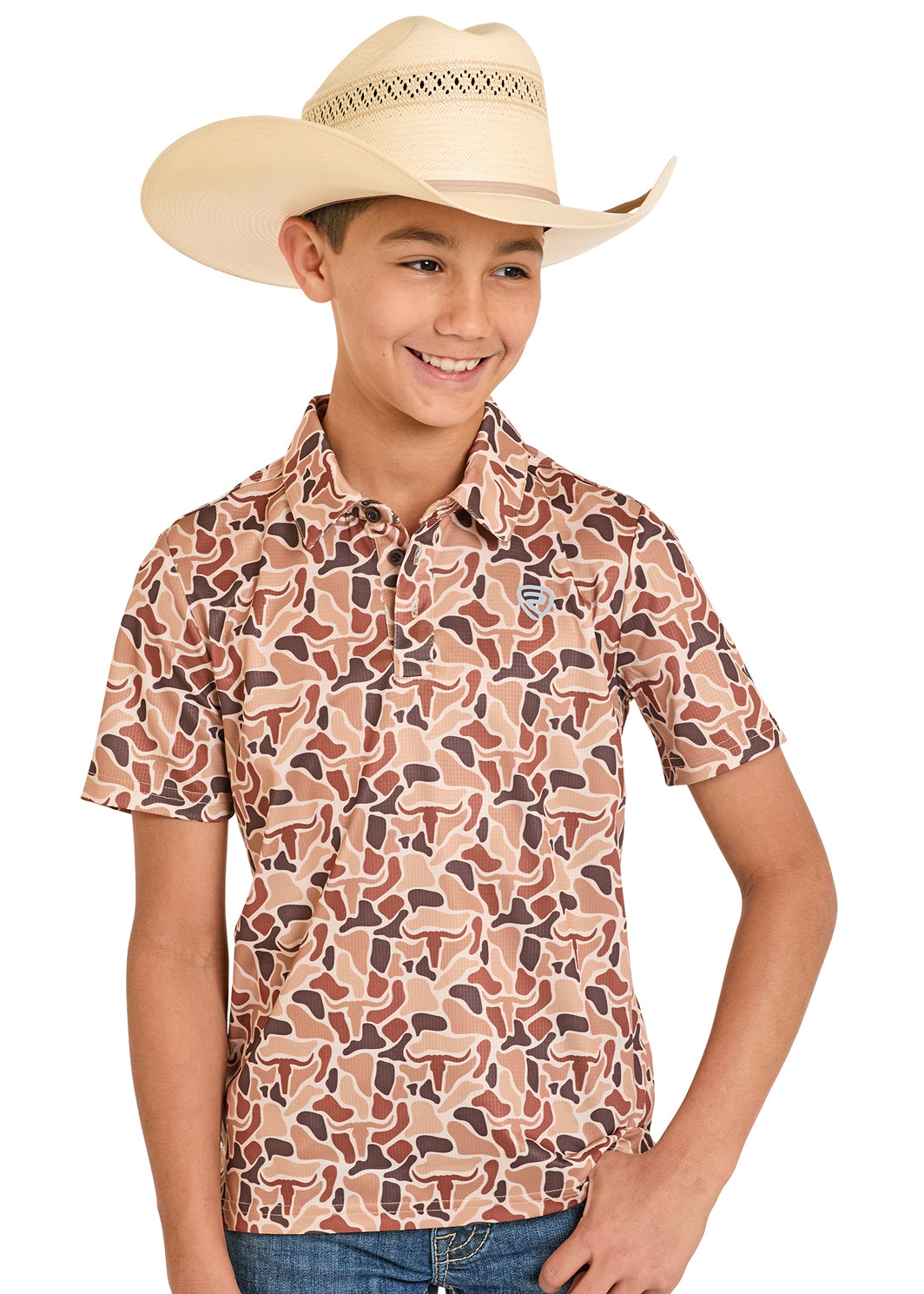 Child wearing a camo shirt and cowboy hat on a white background