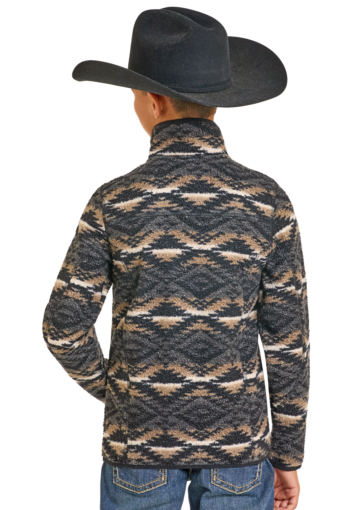 Person wearing a patterned shirt and cowboy hat on a white background