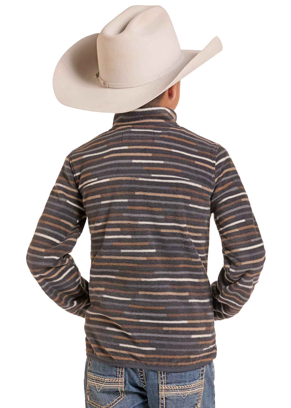 A child shown from the back wearing a cream cowboy hat, a dark gray and brown horizontally striped long-sleeve shirt, and blue jeans against a plain white background.