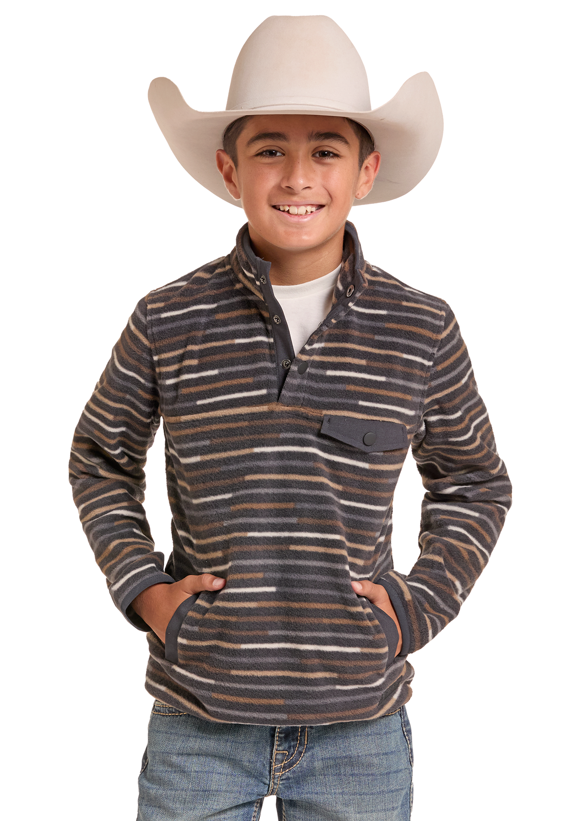 A young boy wearing a beige cowboy hat and a dark gray, brown, and beige striped quarter-zip fleece pullover, paired with blue jeans, photographed against a solid white background.