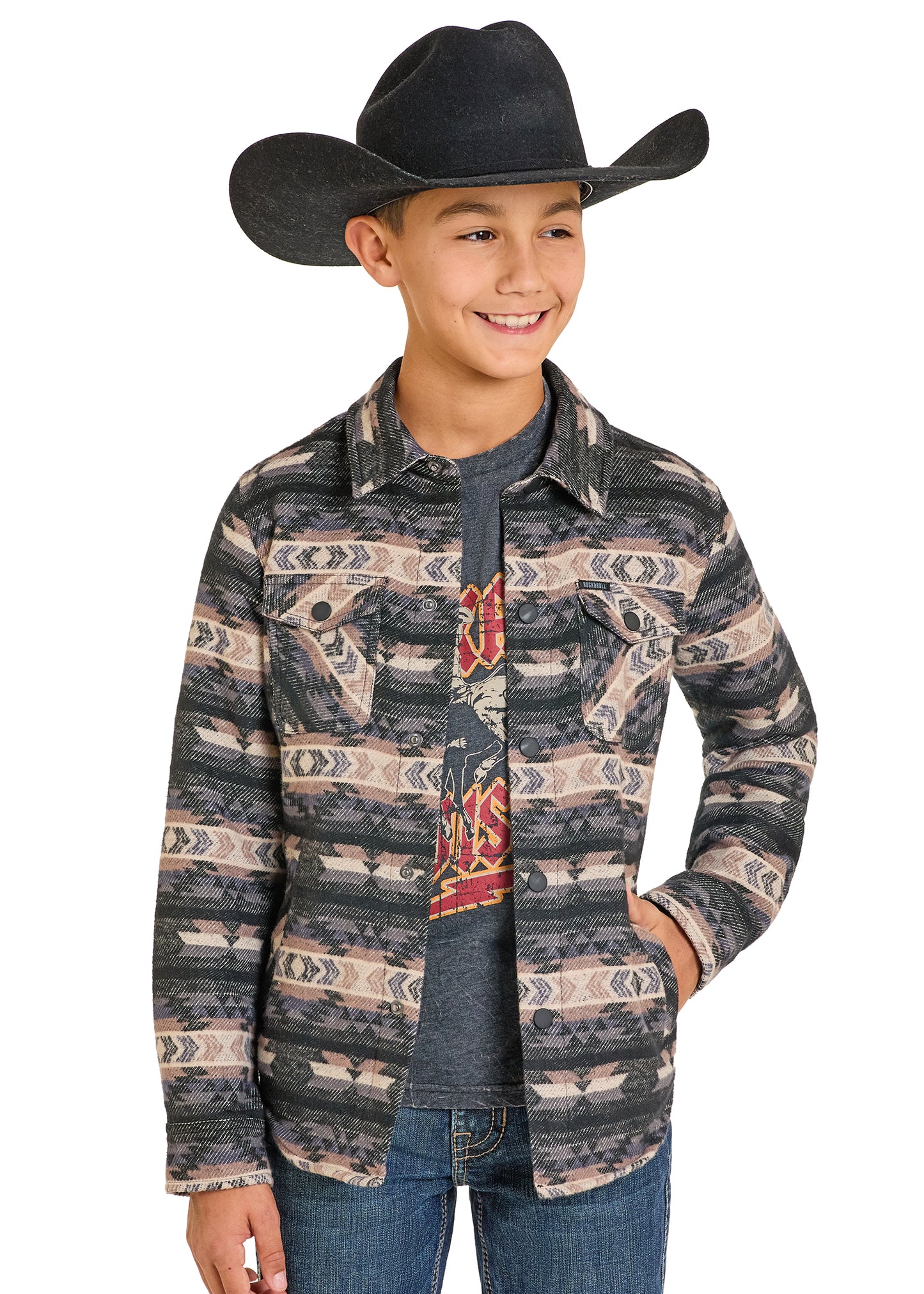 Child wearing a patterned shirt and cowboy hat on a white background