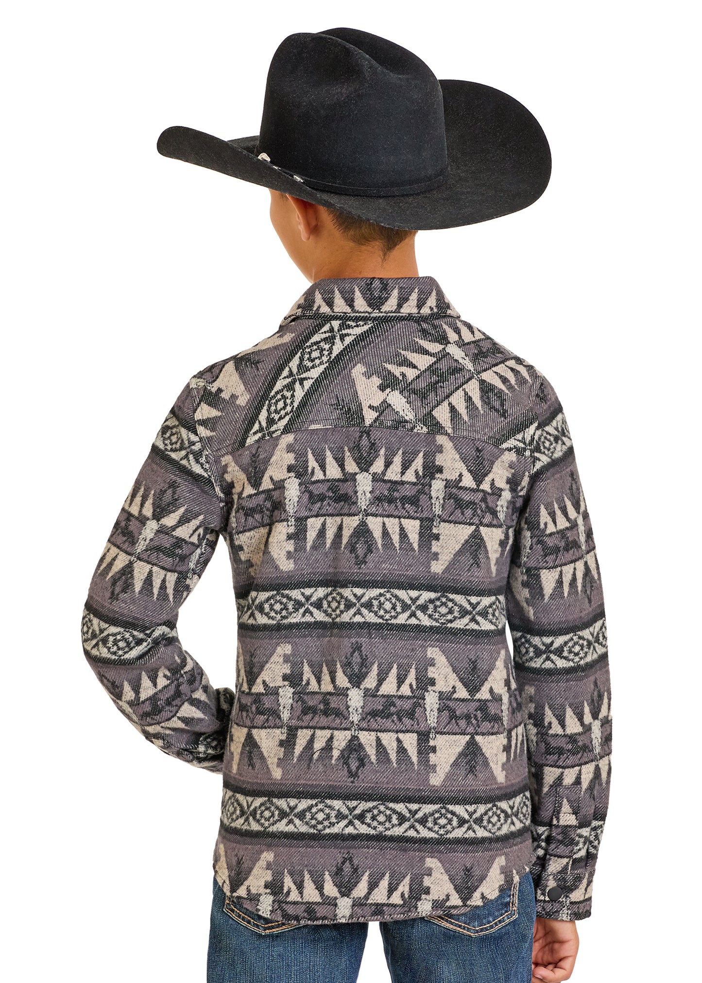 Person wearing a patterned shirt and black cowboy hat on a white background