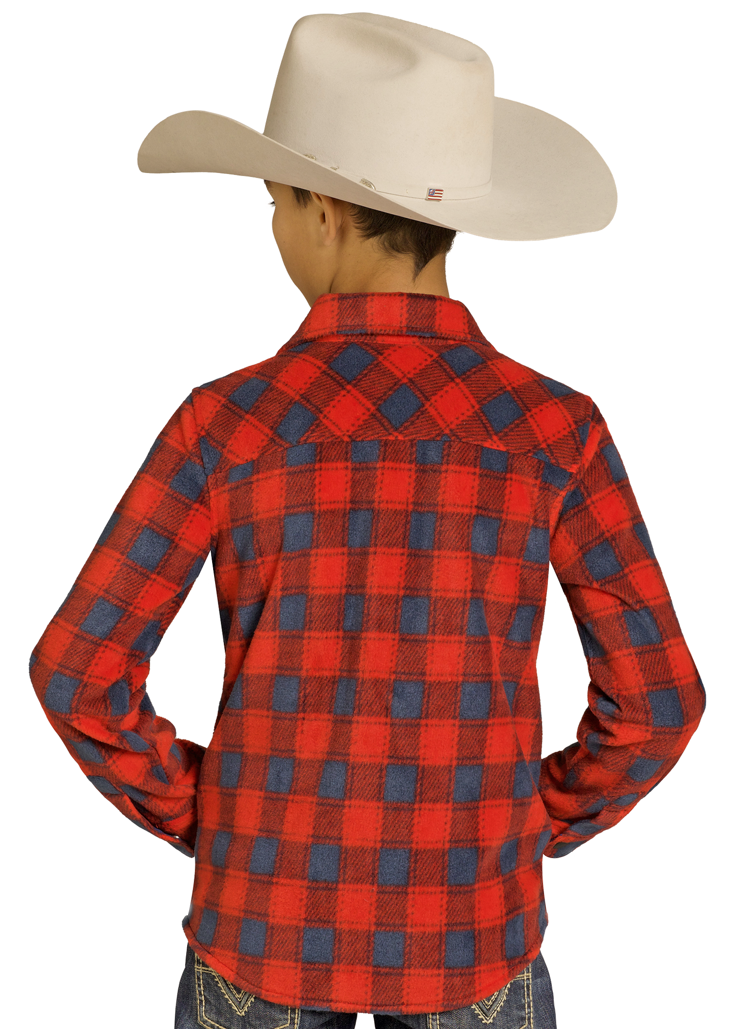 Person wearing a red and blue plaid shirt with a cowboy hat on a white background