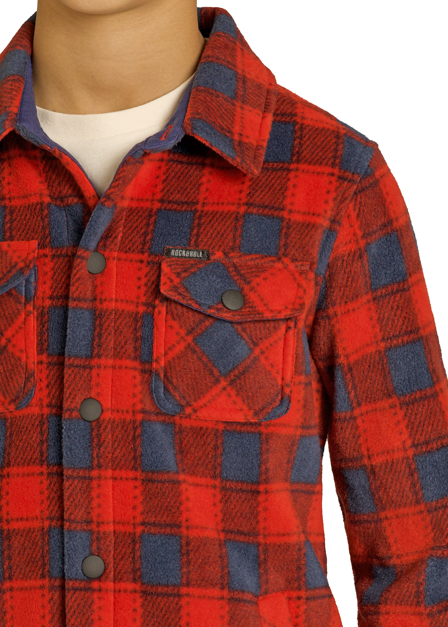 Red and blue plaid shirt with a visible brand logo on a white background