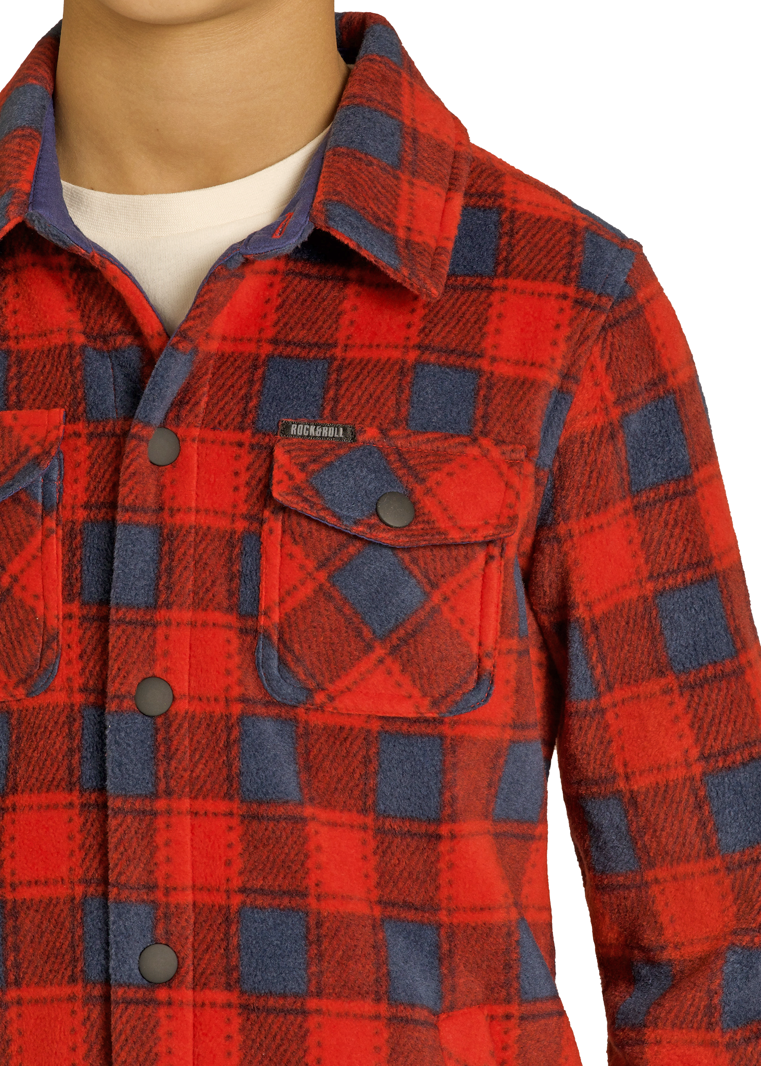 Red and blue plaid shirt with a visible brand logo on a white background