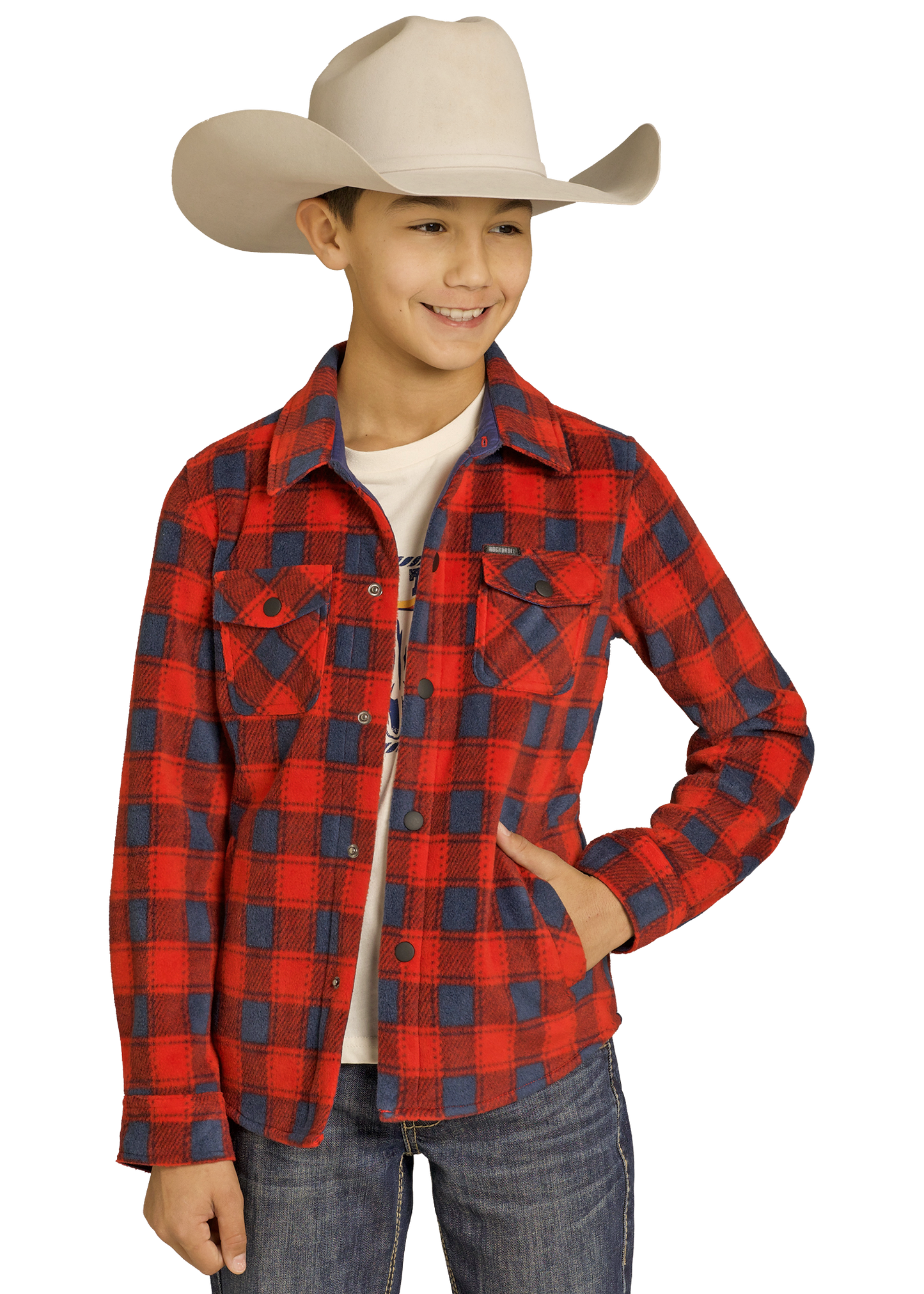 Child wearing a red and blue plaid shirt with a cowboy hat on a white background