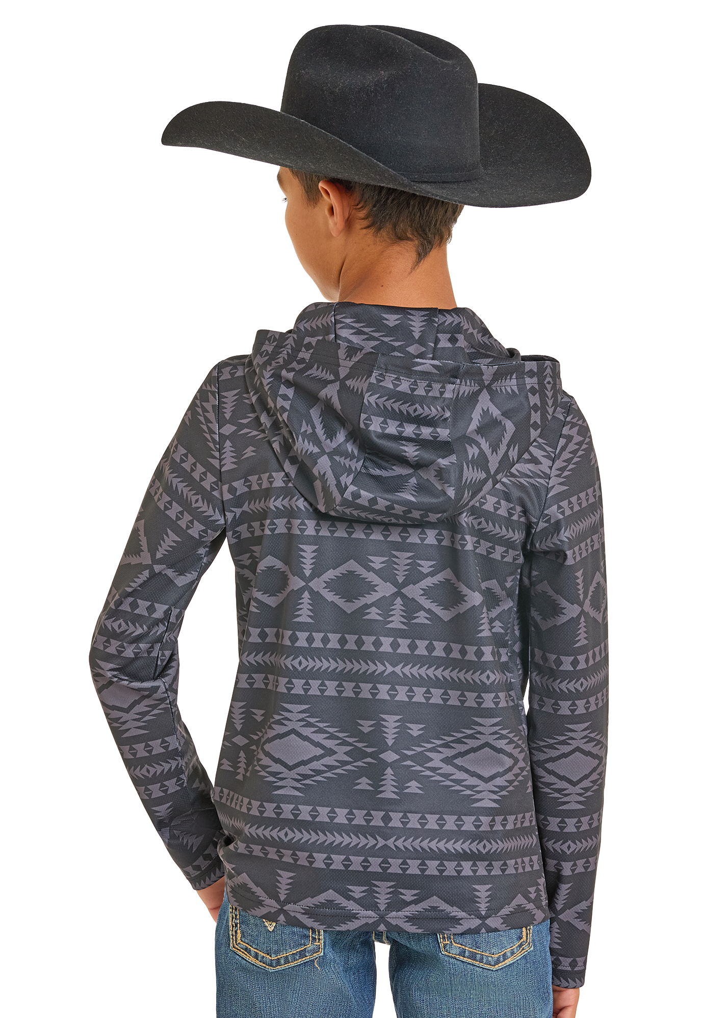 Person wearing a patterned hoodie and cowboy hat on a white background