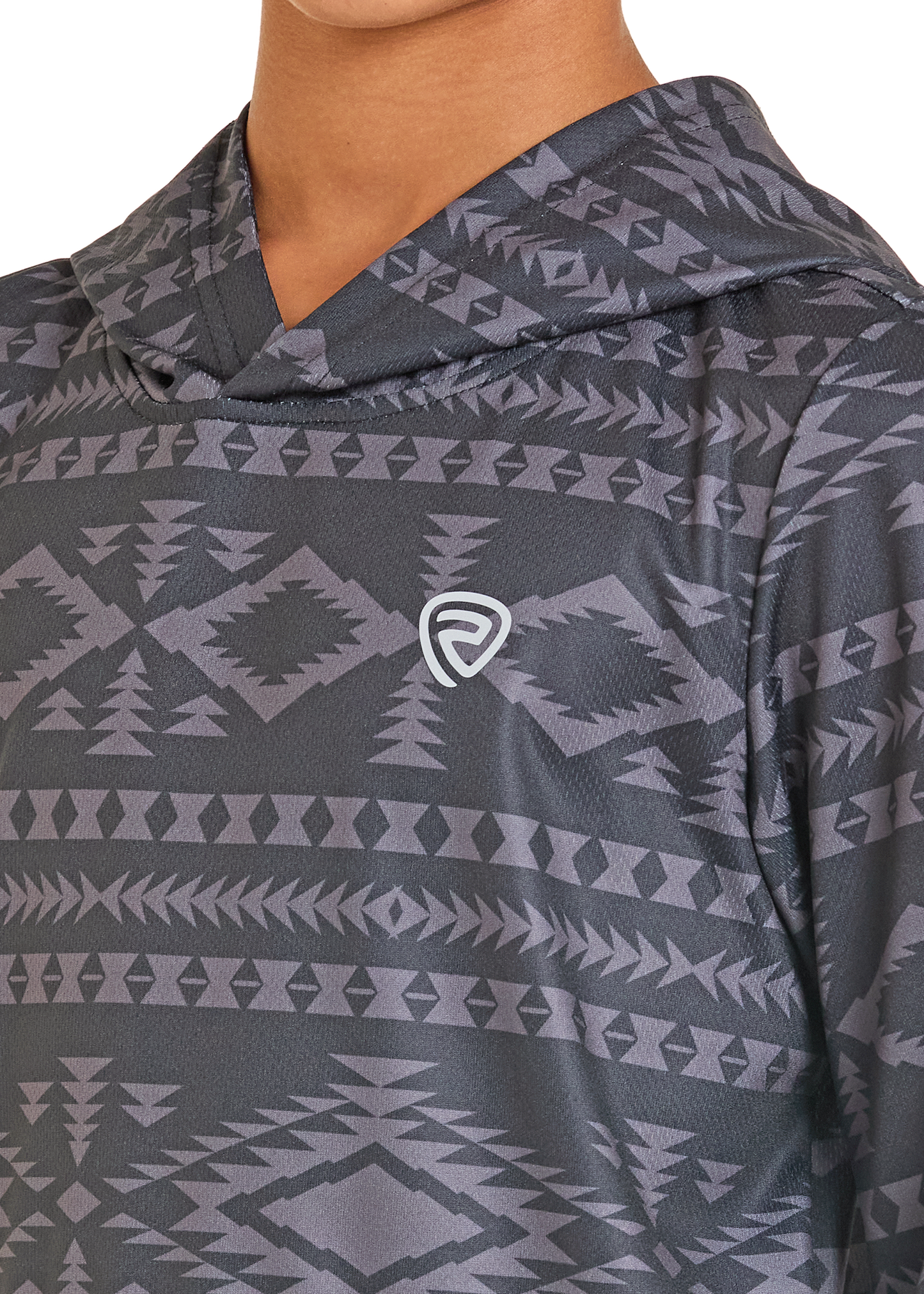 Close-up of a gray patterned hoodie with a logo on a neutral background