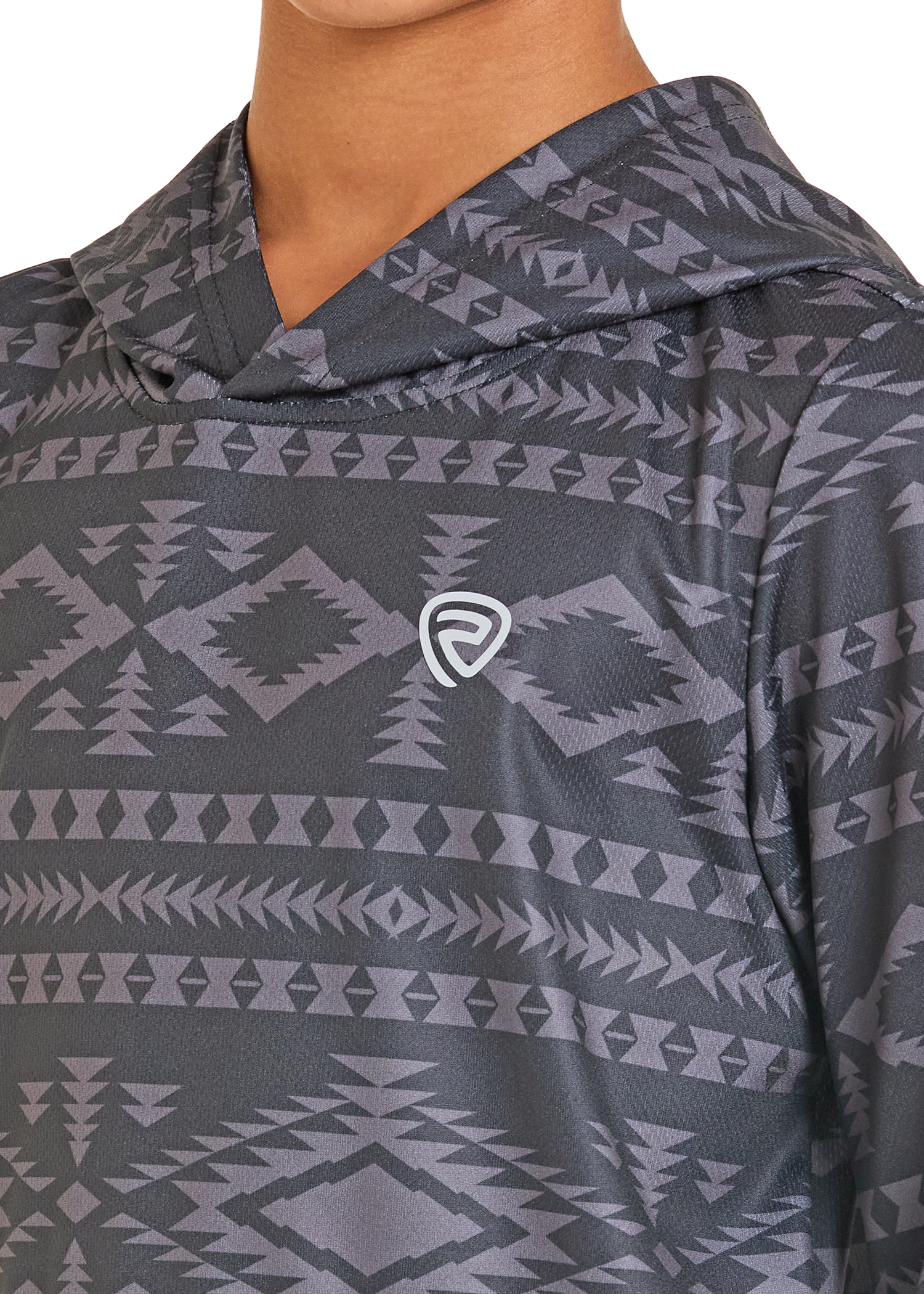 Close-up of a gray patterned hoodie with a logo on a neutral background