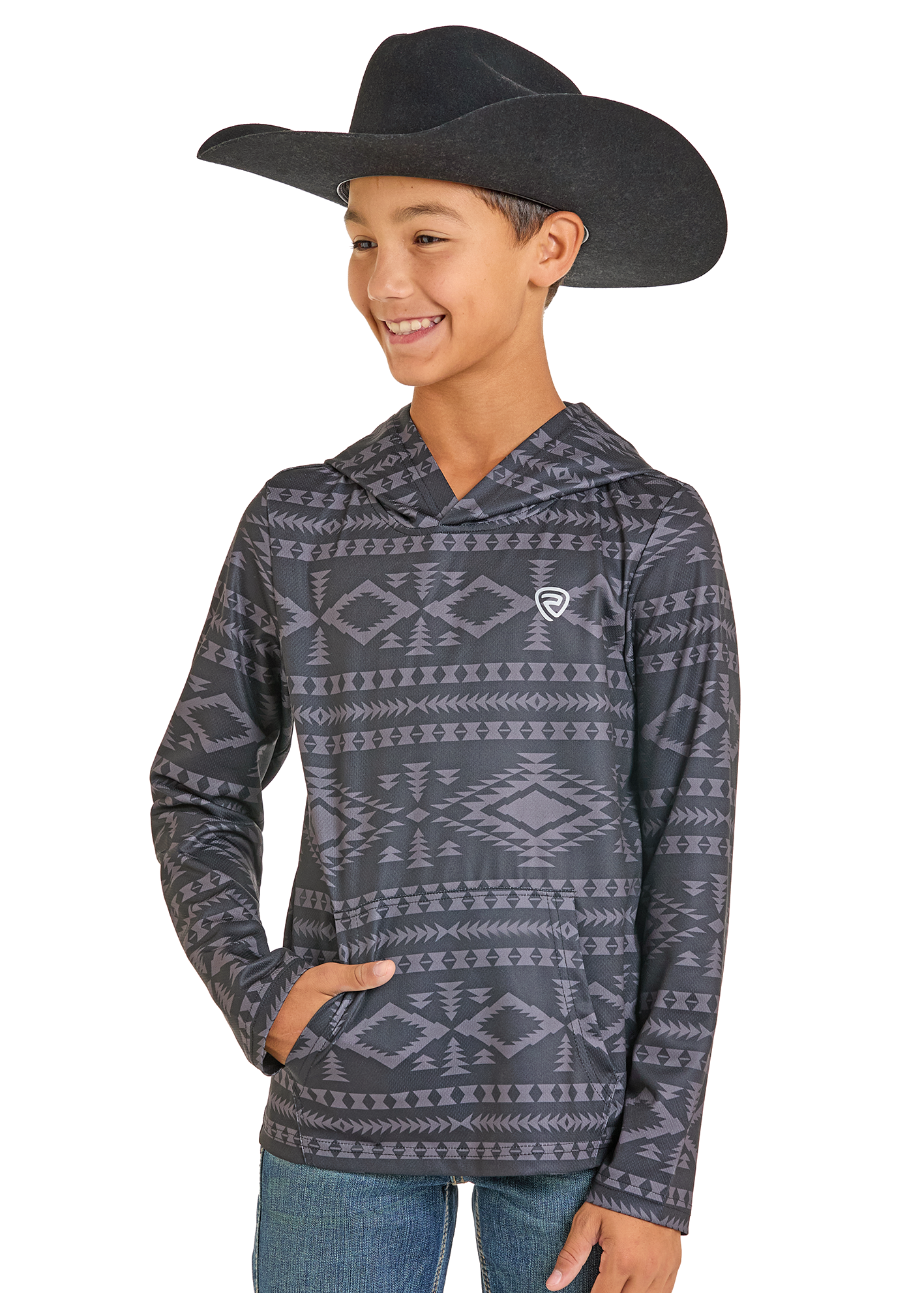 Child wearing a patterned shirt and cowboy hat on a white background