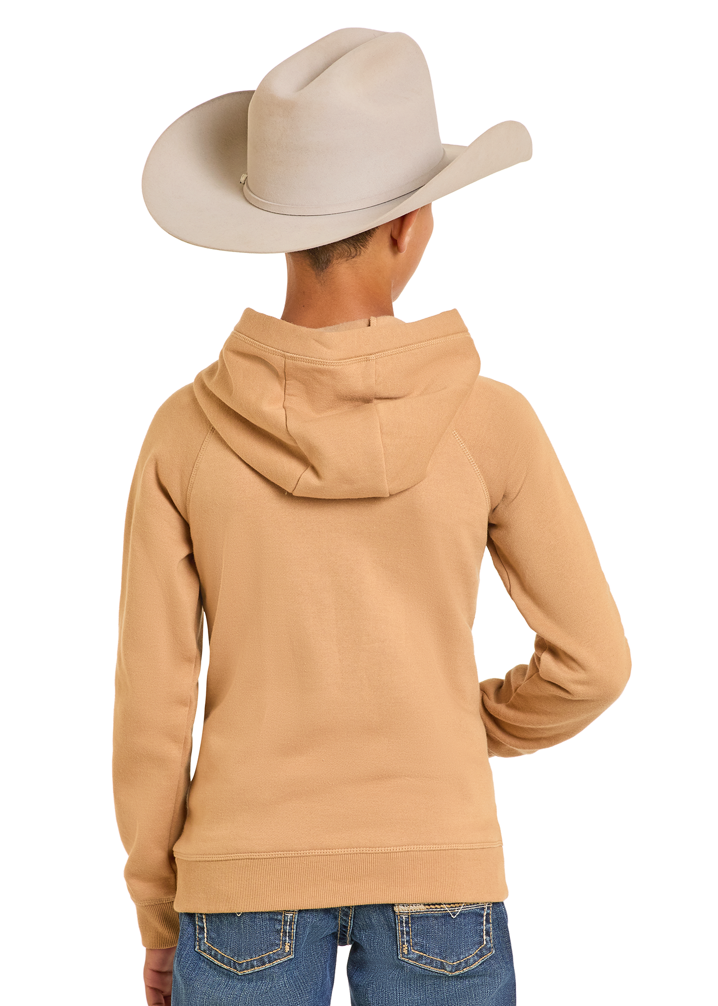 Person wearing a tan hoodie and blue jeans with a beige cowboy hat on a white background
