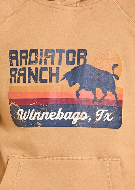 Child wearing a tan hoodie with a logo and text, standing against a white background