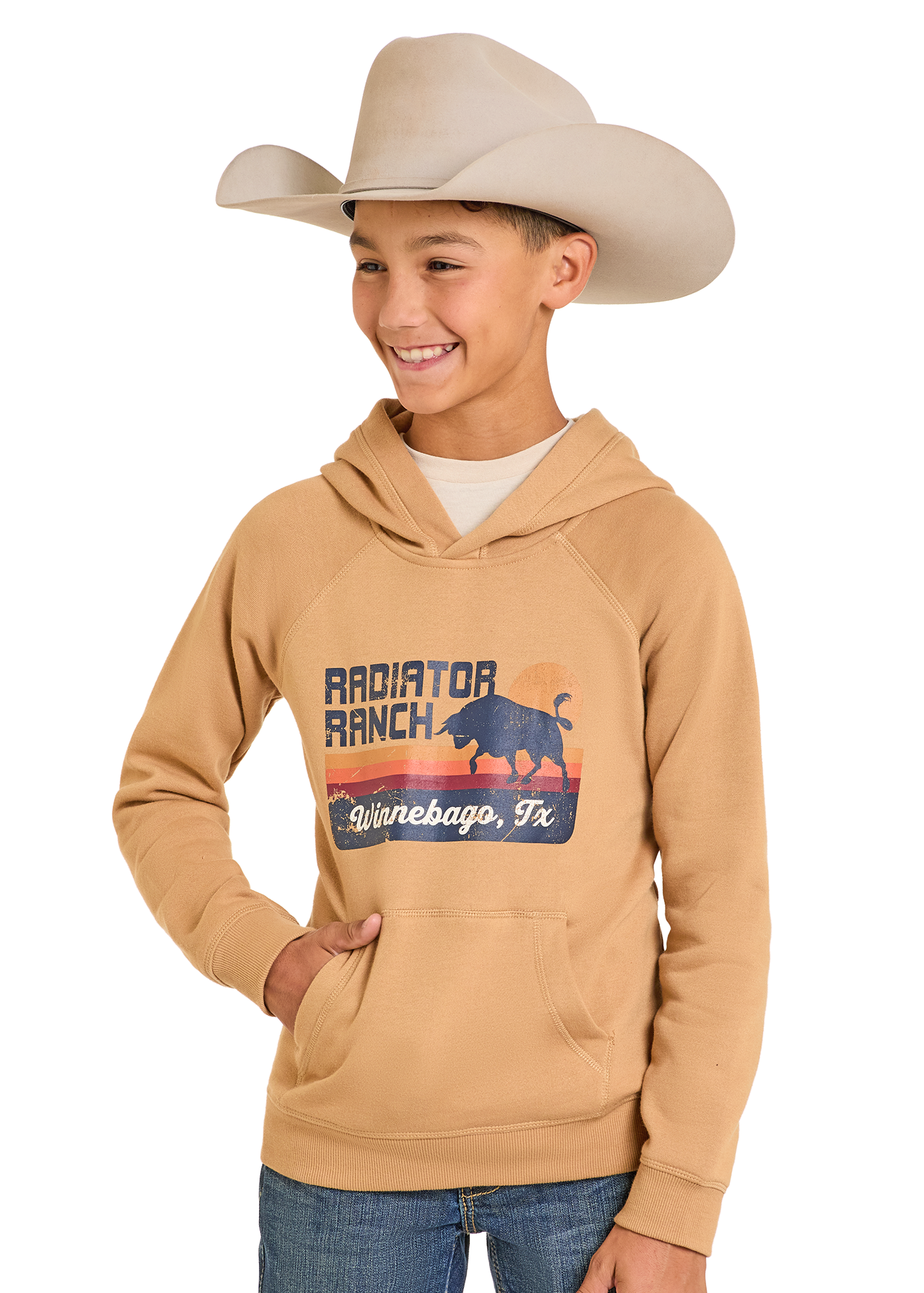 Child wearing a tan hoodie with a graphic design on a white background