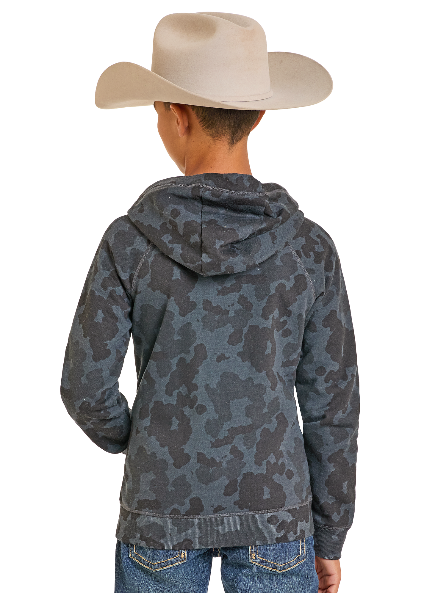 Person wearing a camouflage hoodie and cowboy hat on a white background
