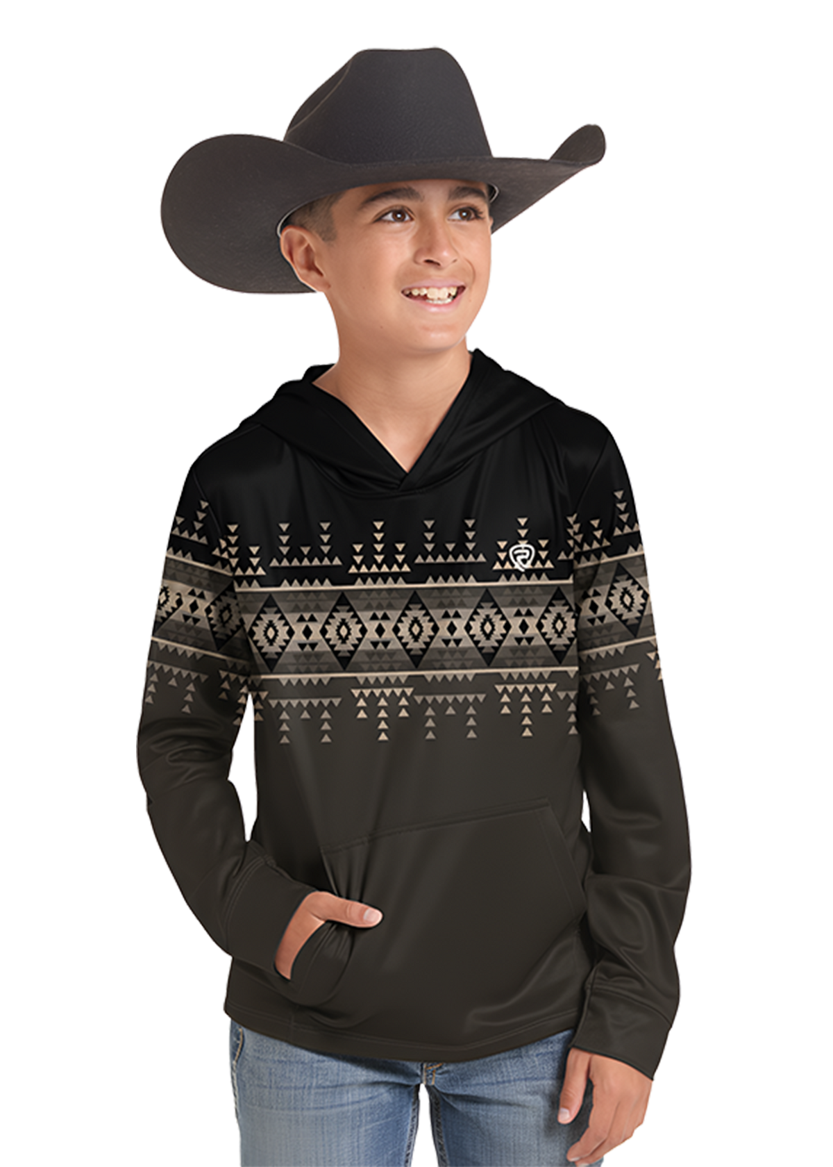 A young boy wearing a black long-sleeve hoodie with a beige geometric pattern across the chest and sleeves, paired with a black cowboy hat and blue jeans, set against a plain white background.