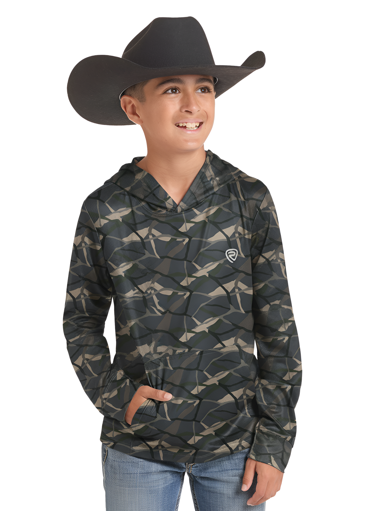 A young boy wearing a black cowboy hat and a dark camouflage patterned hoodie with a small white shield logo on the chest, paired with blue jeans, set against a plain white background.