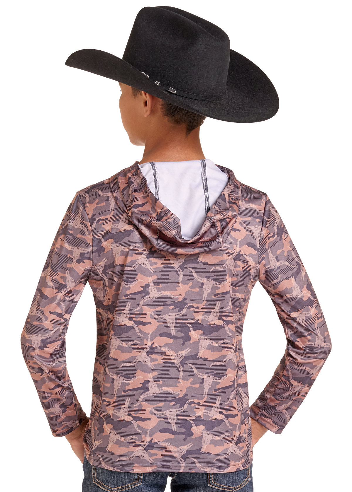 A child model shown from the back wearing a black cowboy hat and a long-sleeve camouflage hoodie with a cowl neck in a dusty mauve and brown pattern, paired with blue jeans against a white studio background.