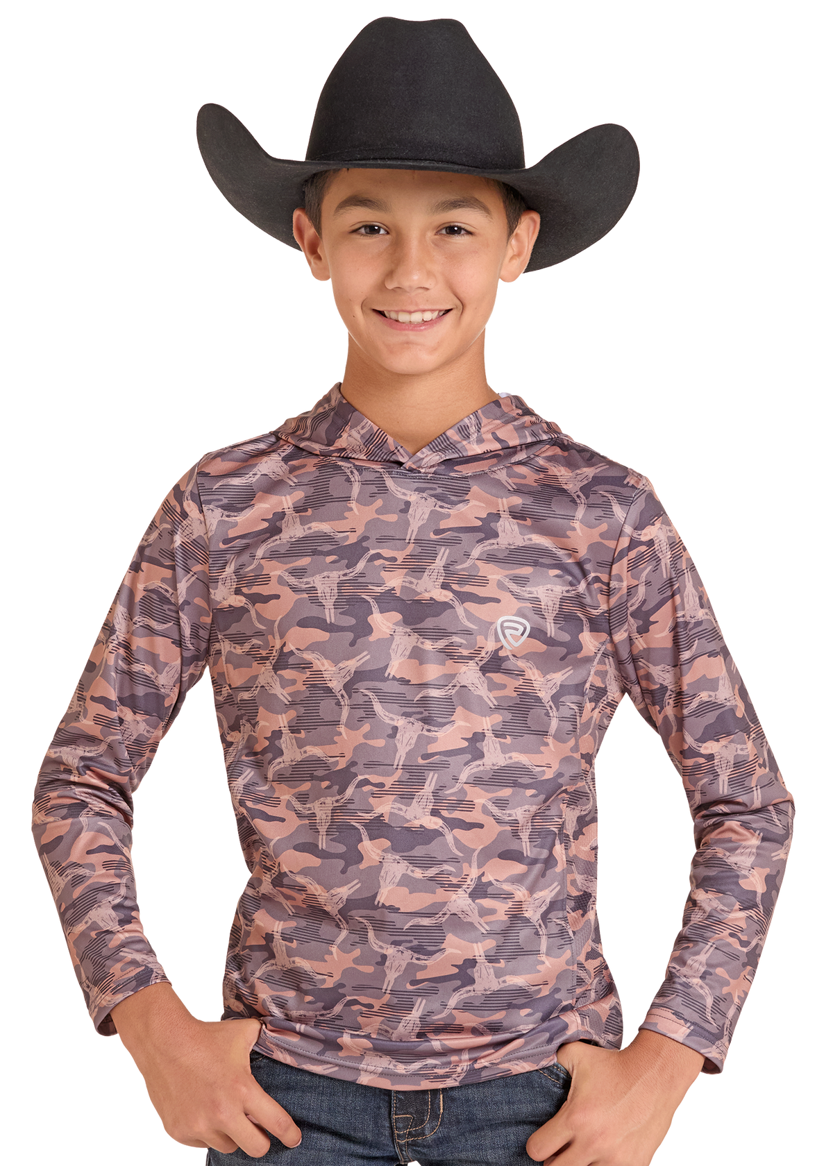 A smiling young boy wearing a black cowboy hat and a long-sleeve camouflage hoodie with a small white chest logo, paired with blue jeans, set against a plain white background.