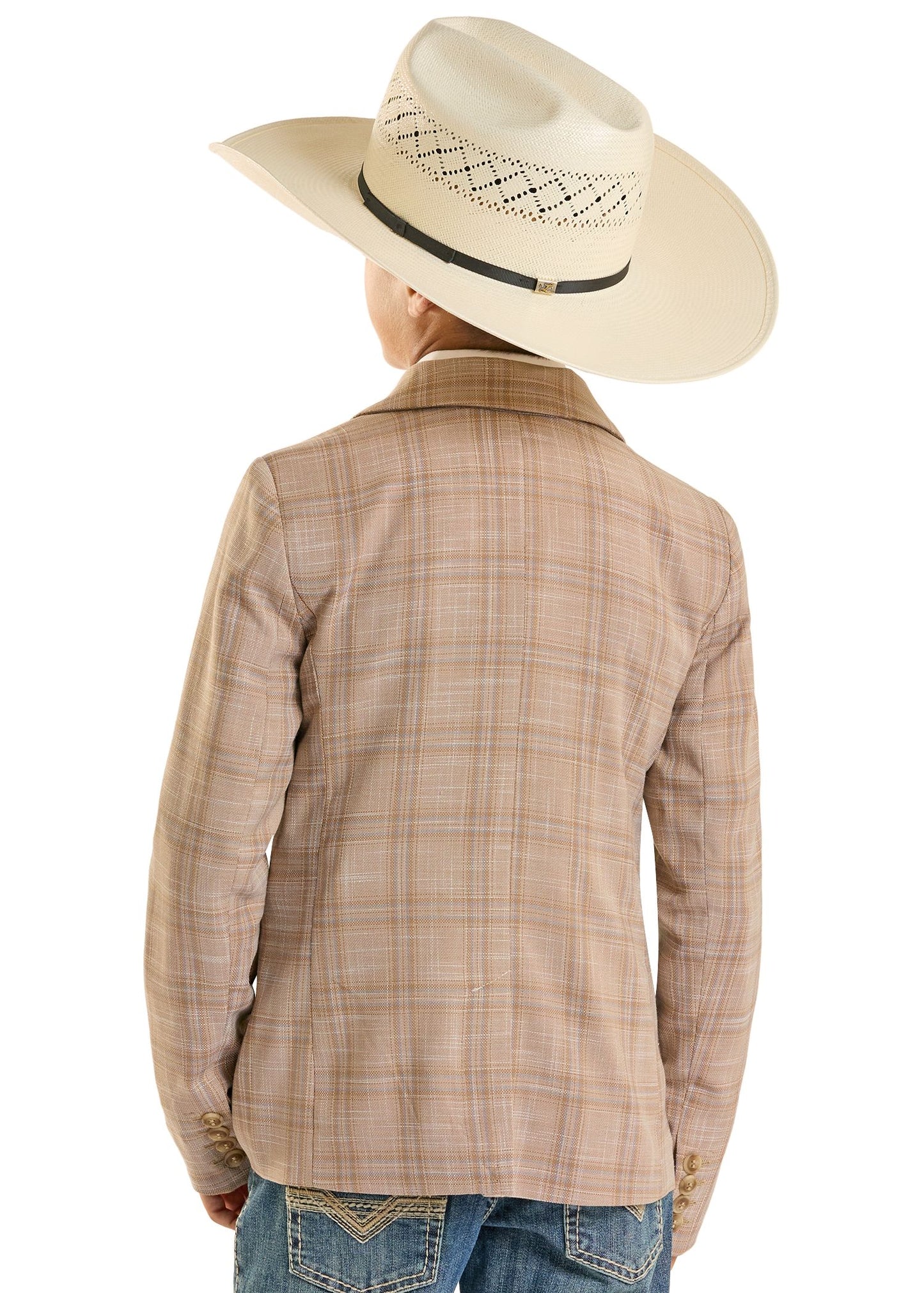 Person wearing a beige plaid sport coat and cowboy hat on a white background