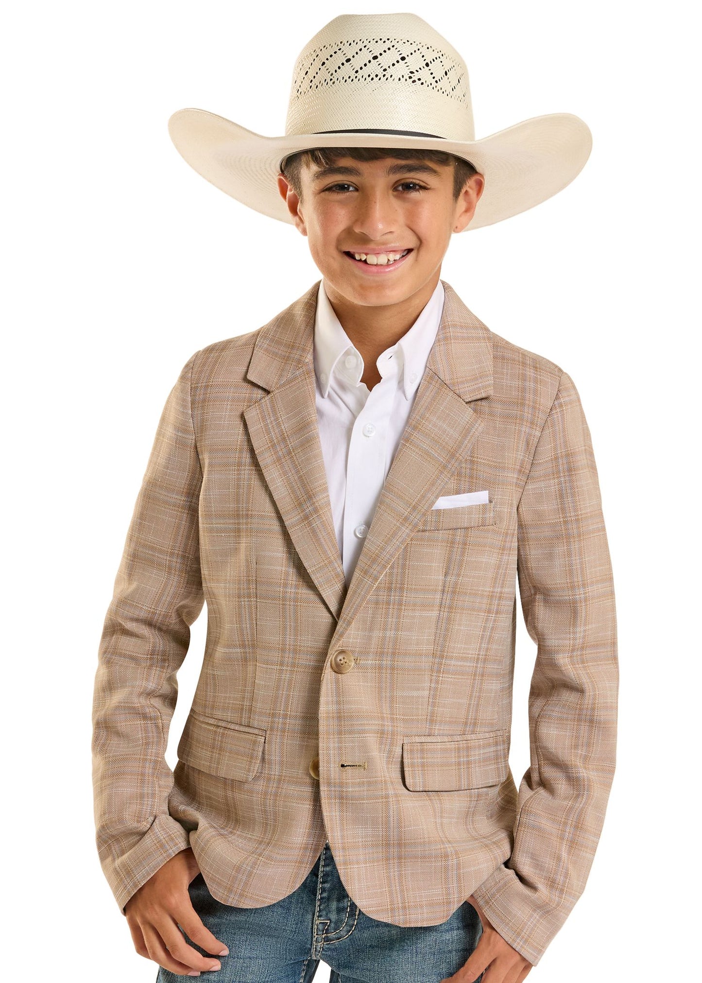 Child wearing a beige plaid blazer, white shirt, and cowboy hat on a white background