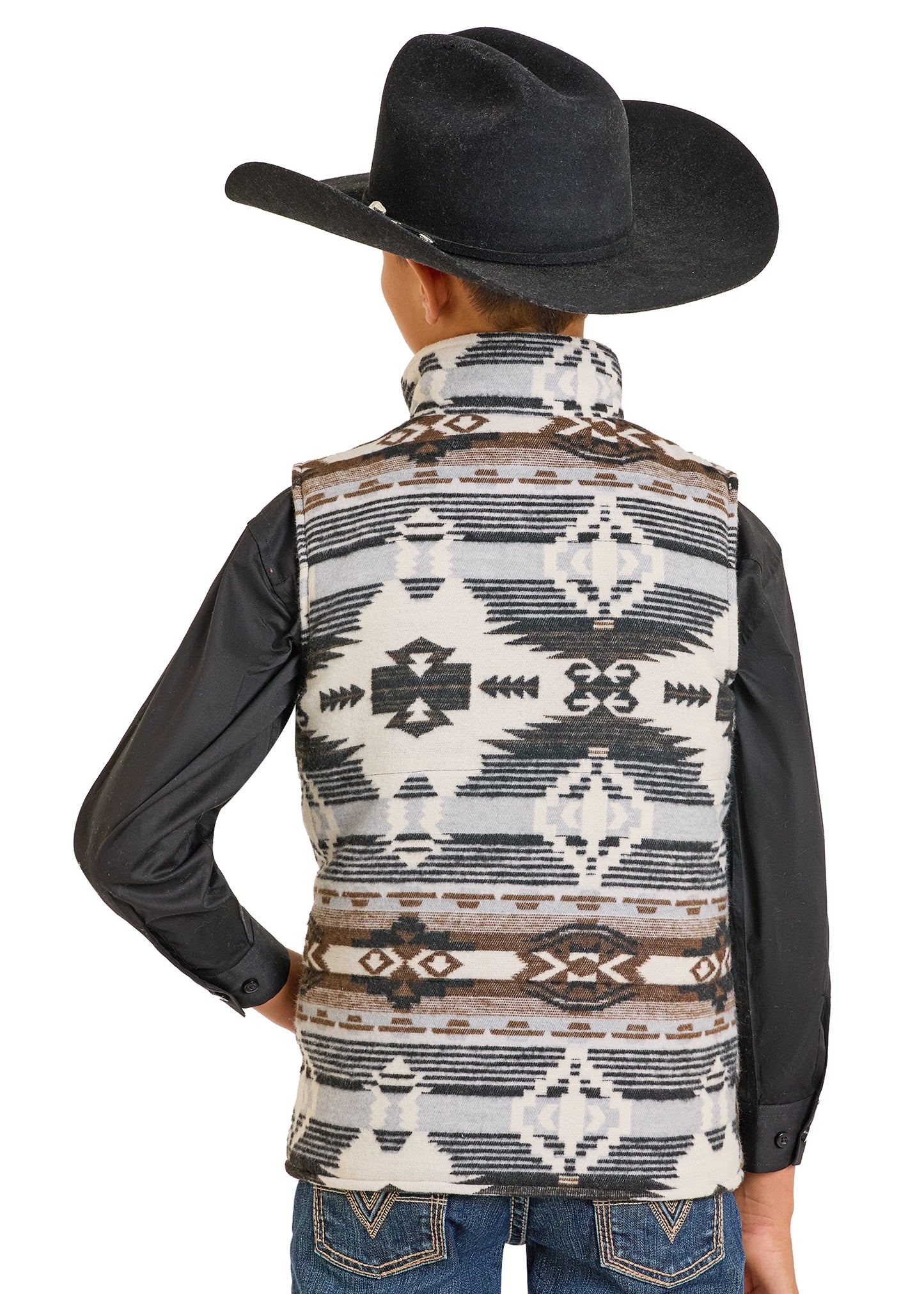 Person wearing a patterned vest with a black cowboy hat on a white background