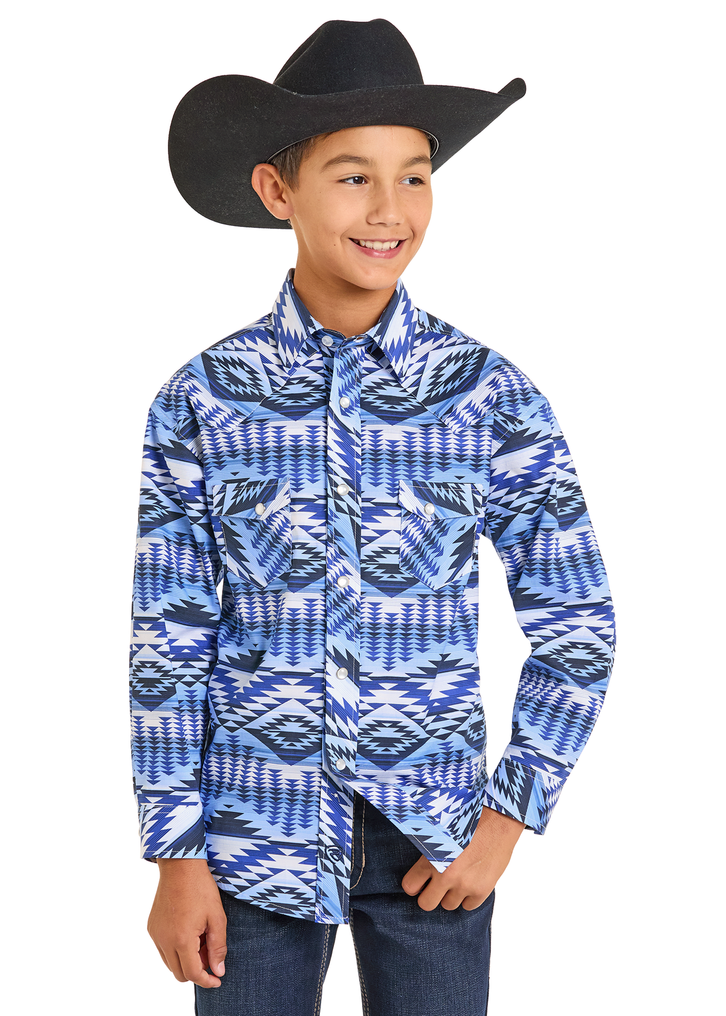 Boys' Blue Aztec Print Long Sleeve Snap Shirt | Rock & Roll Denim Boys' Blue Aztec Print Long Sleeve Snap Shirt | Rock & Roll Denim
