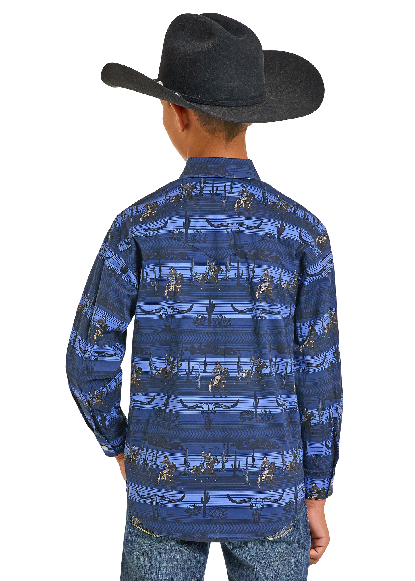 Child wearing a blue patterned shirt and black cowboy hat on a white background