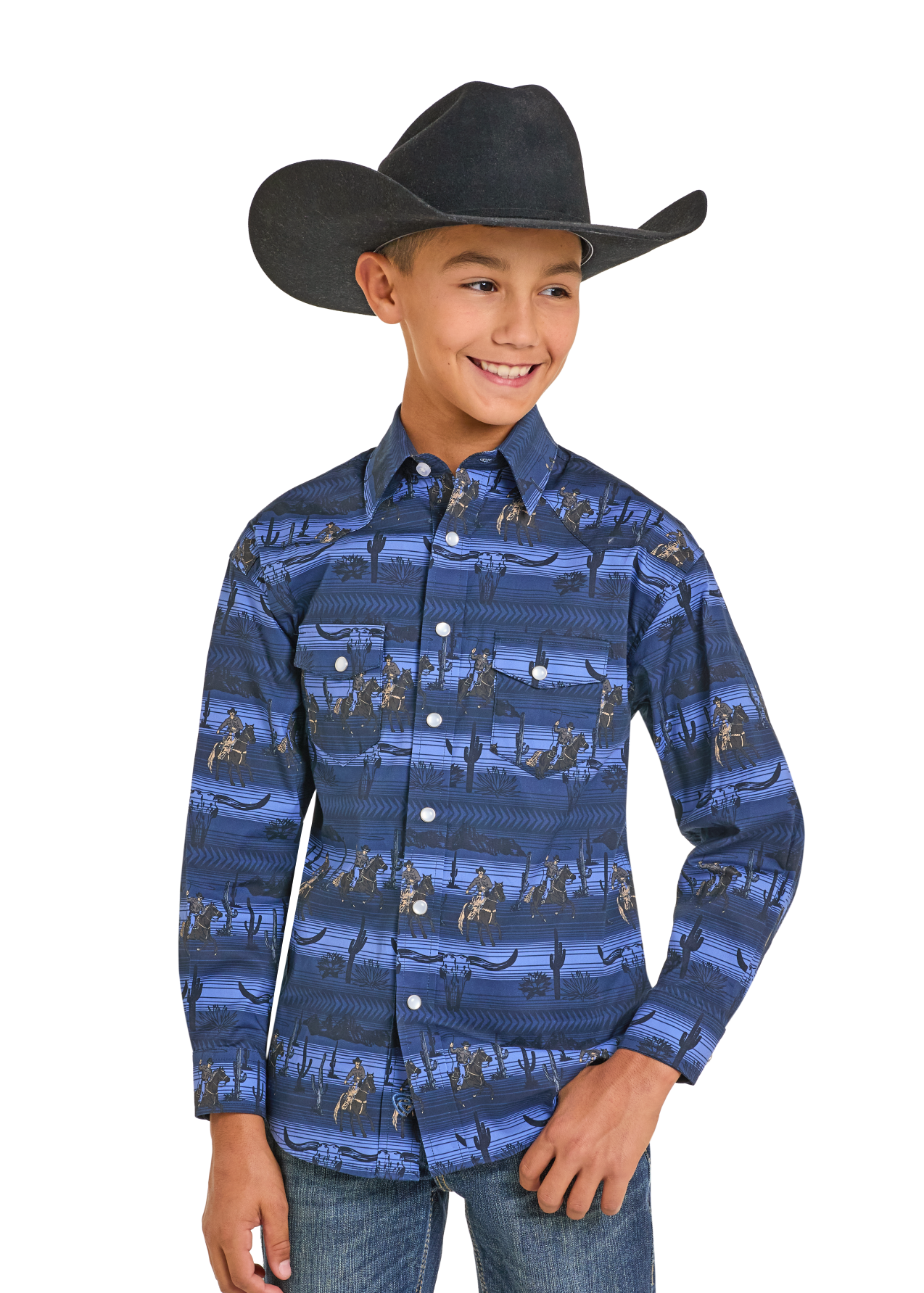 Child wearing a blue patterned shirt and black cowboy hat on a white background