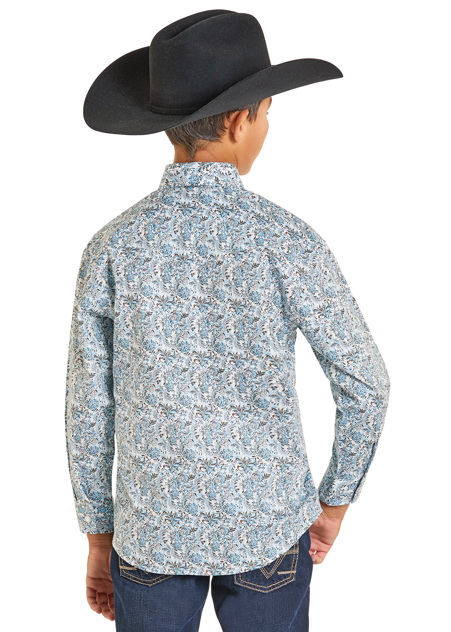 Person wearing a black cowboy hat and a long-sleeve floral shirt on a white background