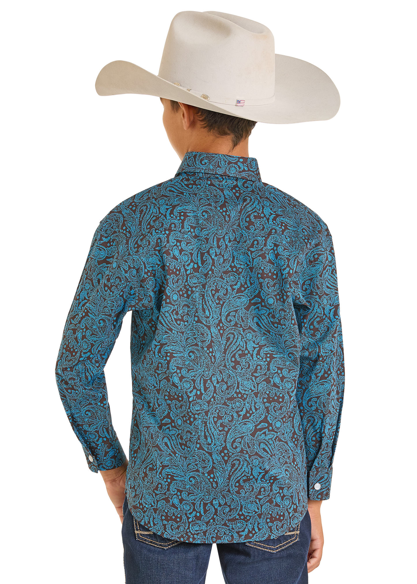 Person wearing a blue patterned long-sleeve shirt and white cowboy hat on a white background