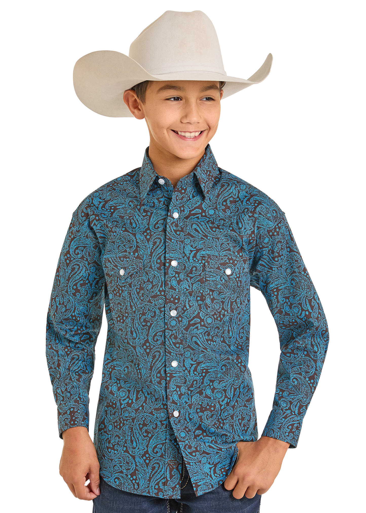 Child wearing a blue patterned shirt and beige cowboy hat on a white background