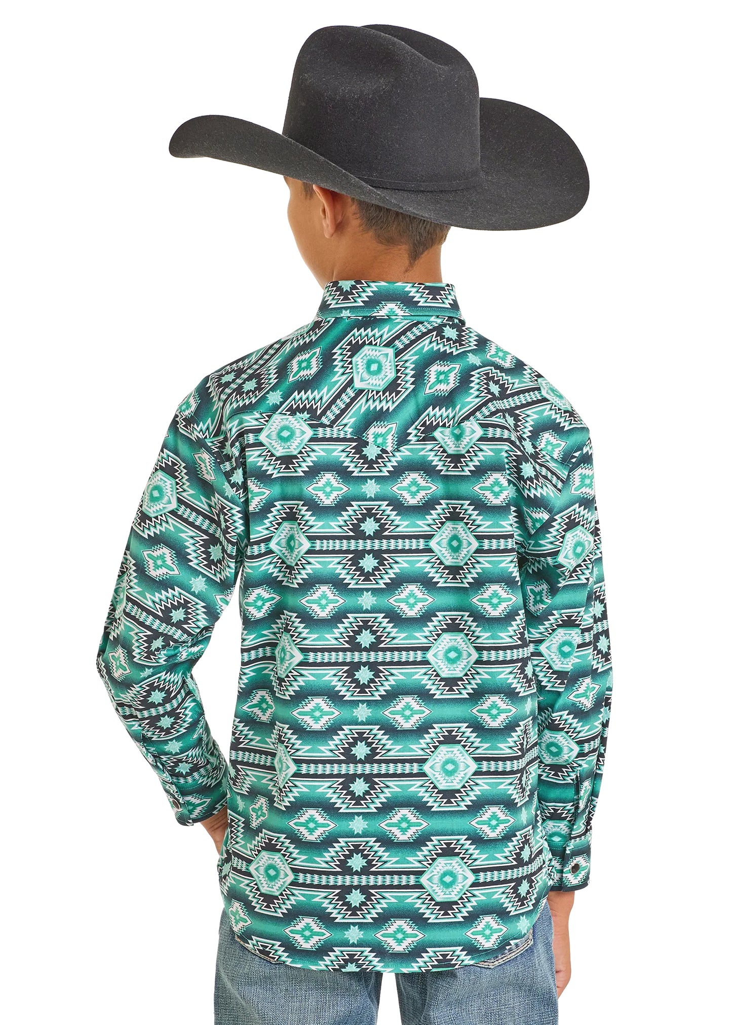 A boy, facing away from the camera, wears a wide-brimmed black cowboy hat, blue jeans, and a Rock & Roll Denim Boys' Jade Aztec Horizontal Print Long Sleeve Snap Shirt.