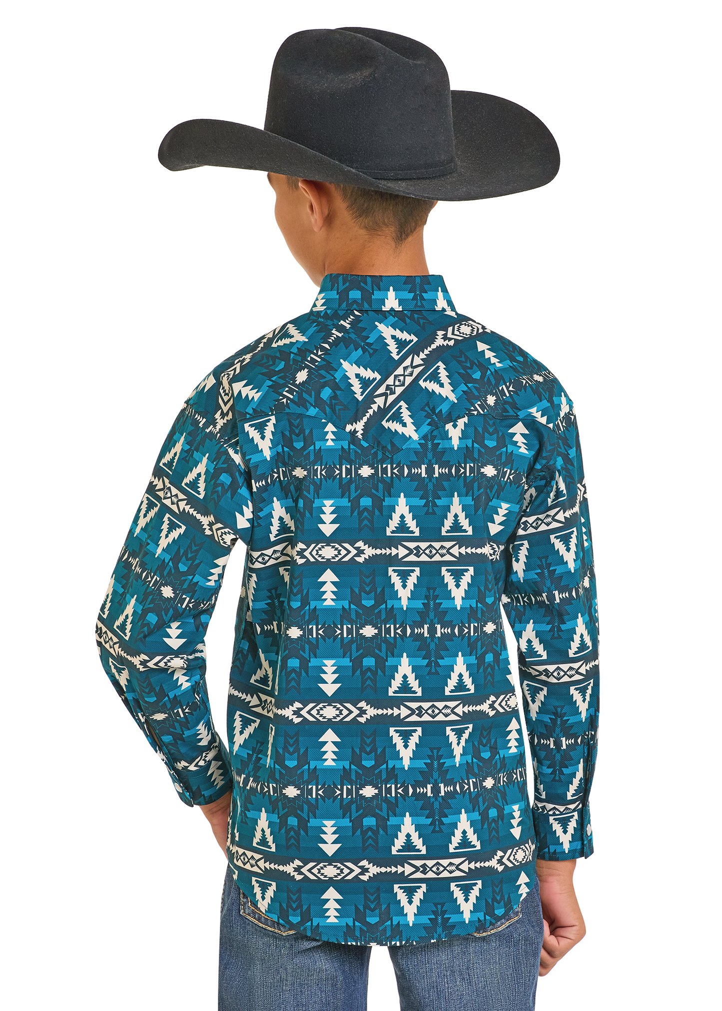 Child wearing a blue patterned shirt and cowboy hat on a white background