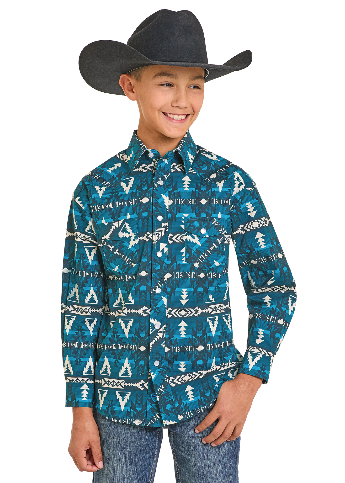 Child wearing a blue patterned shirt and black cowboy hat on a white background