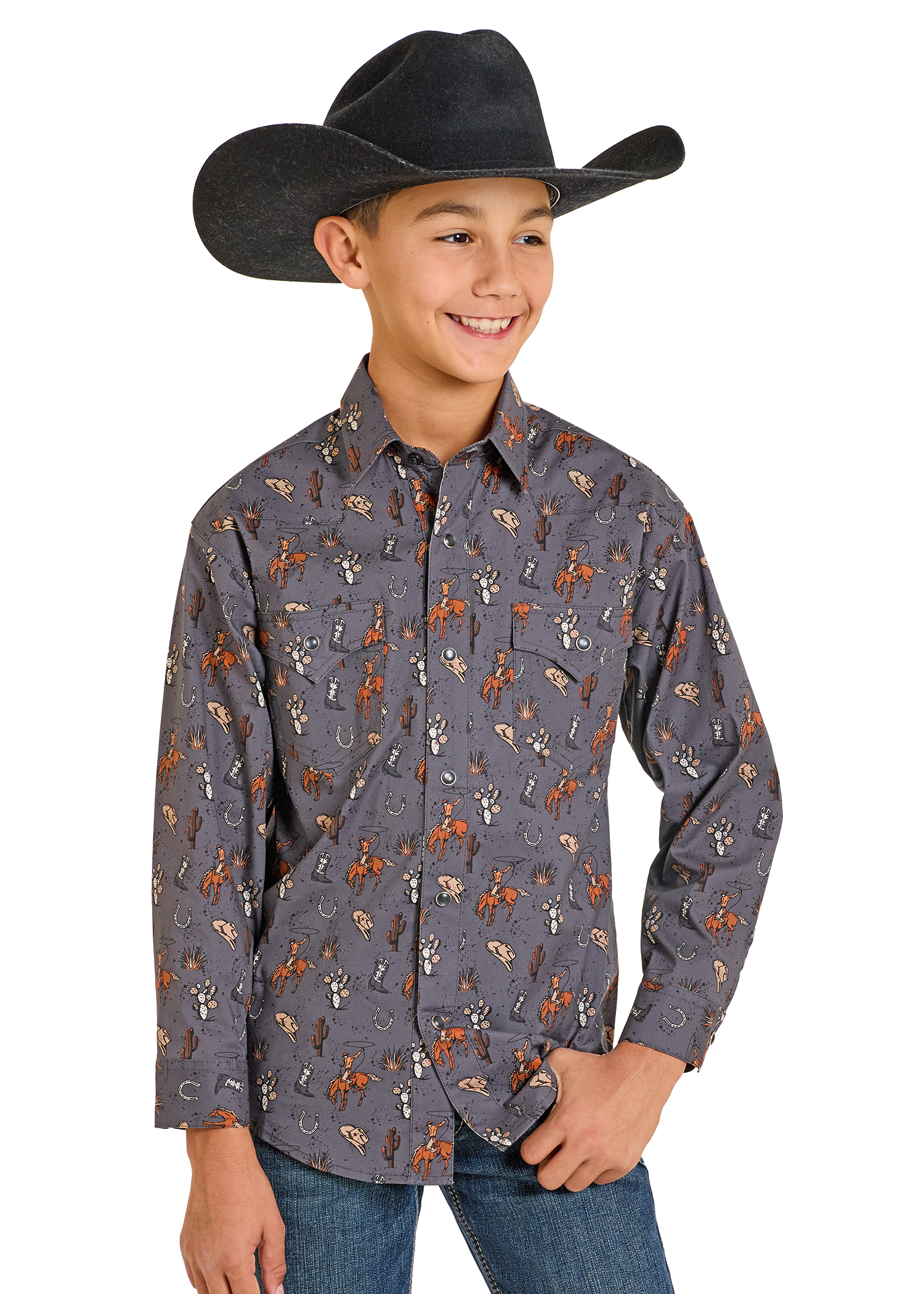 Boys' Cowboy Print Long Sleeve Snap Shirt | Rock & Roll Denim Boys' Cowboy Print Long Sleeve Snap Shirt | Rock & Roll Denim